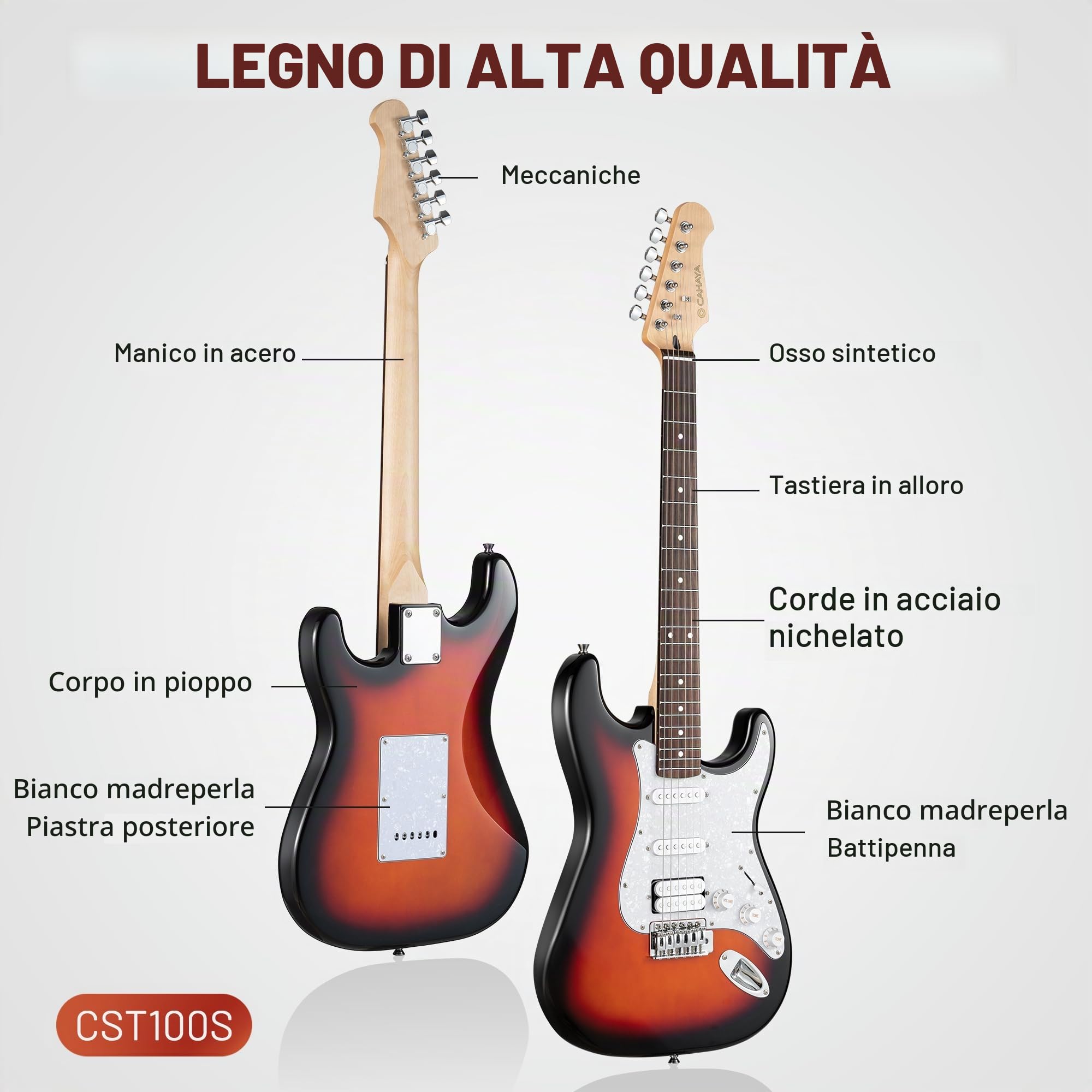 CAHAYA Set di Chitarra Elettrica e Amplificatore: chitarra Stratocaster da 39 pollici con 3 pickup (S-S-H), include custodia, accordatore, Whammy Bar e 4 plettri
