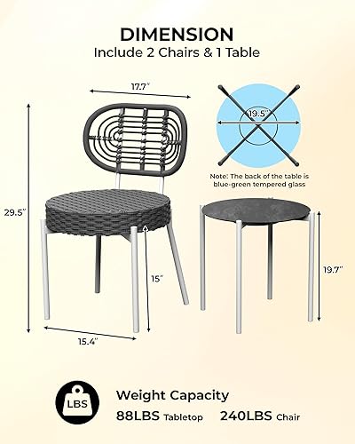 Miniatura 3 de GarveeLife - Juego de 3 piezas de muebles de mimbre para patio estilo bistró, sillas de comedor para exteriores, incluye 2 sillas de ratán y mesa de