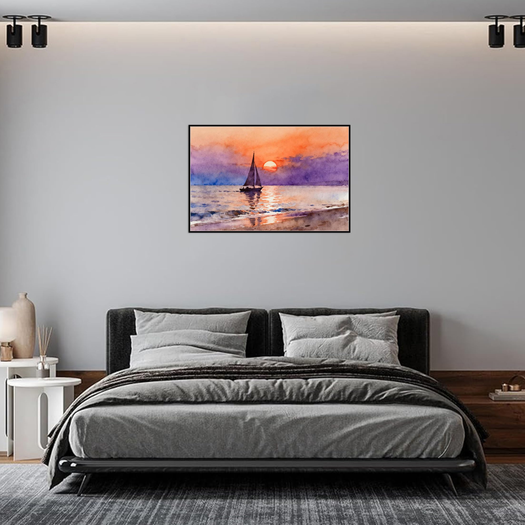 OZPWBVY Meer Leinwandbild-Ozean Boot Sonnenuntergang-Küsten Landschaftsbilder für Wohnzimmer Schlafzimmer Fertig zum Aufhängen 50x75cm Schwarz Rahmen