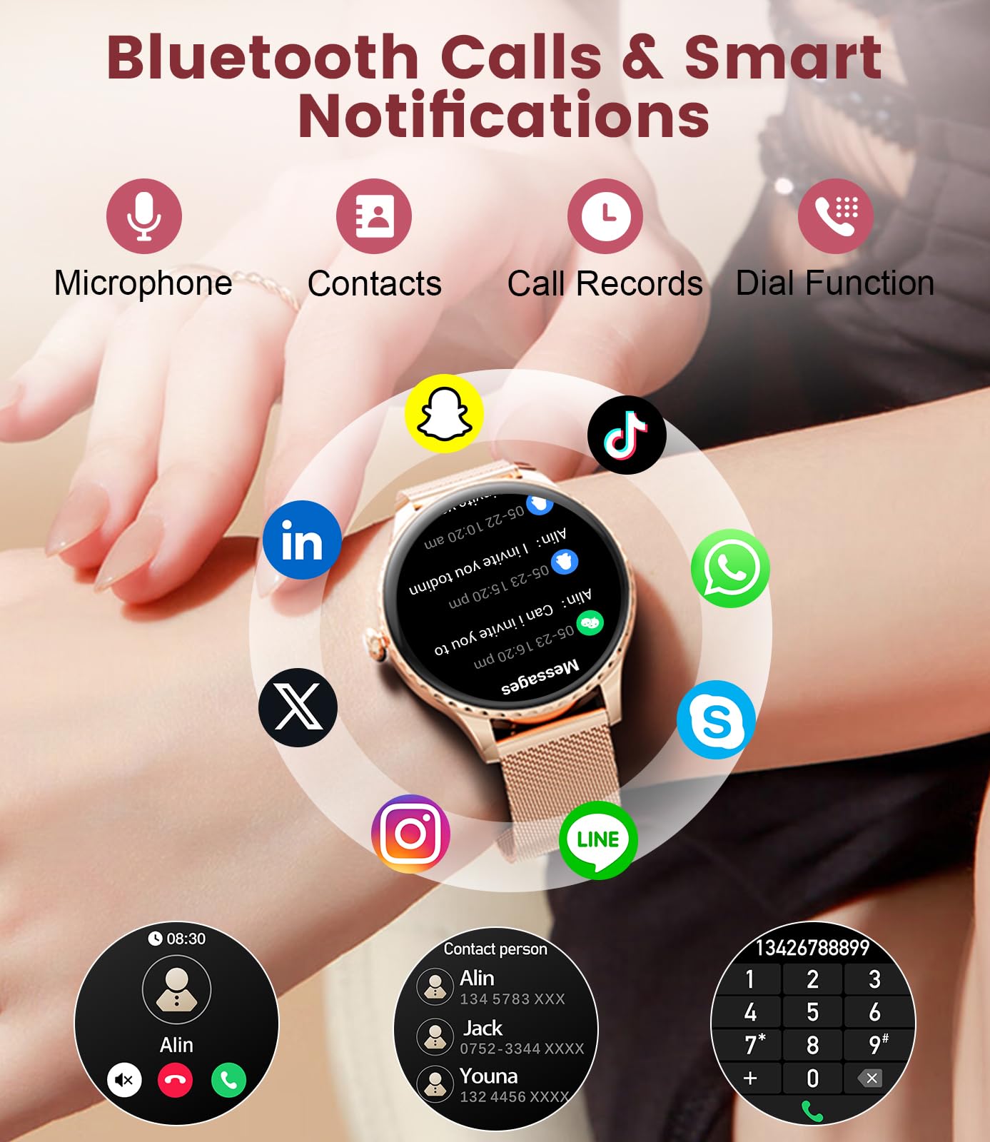 Montre Connectée Ultra-Fine 7,99 mm pour Femme, 1.32" AMOLED Smartwatch avec Appel Bluetooth pour Android iOS, IP68 Étanche, 270+ Cadrans, Fréquence Cardiaque/Sommeil, Or Rose