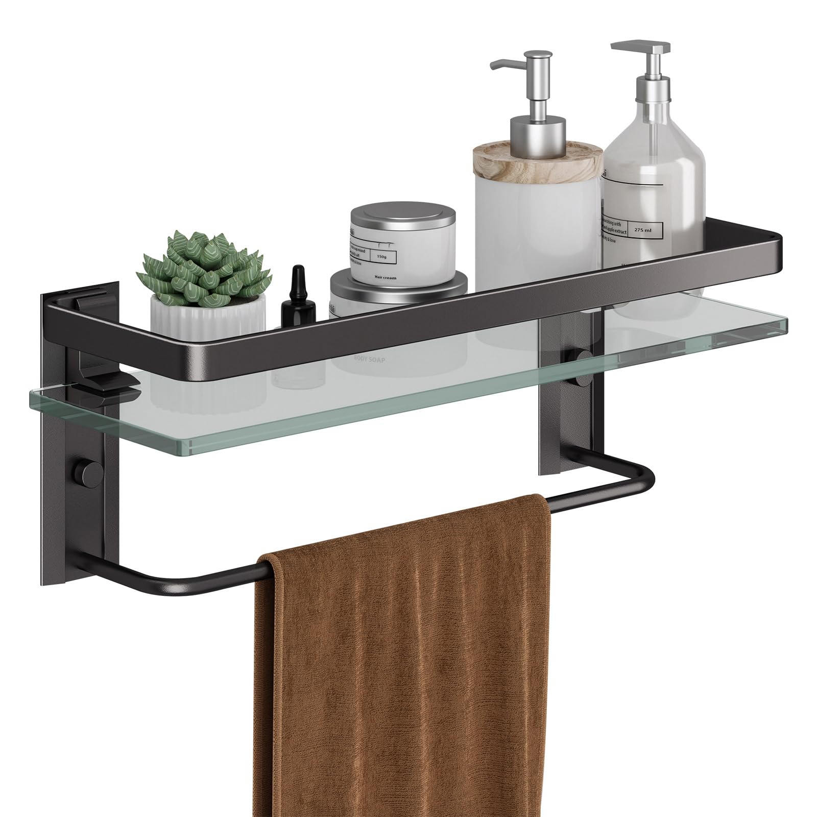 Danpoo Estantes de baño de cristal montado en la pared con toallero, estante organizador de baño, color negro