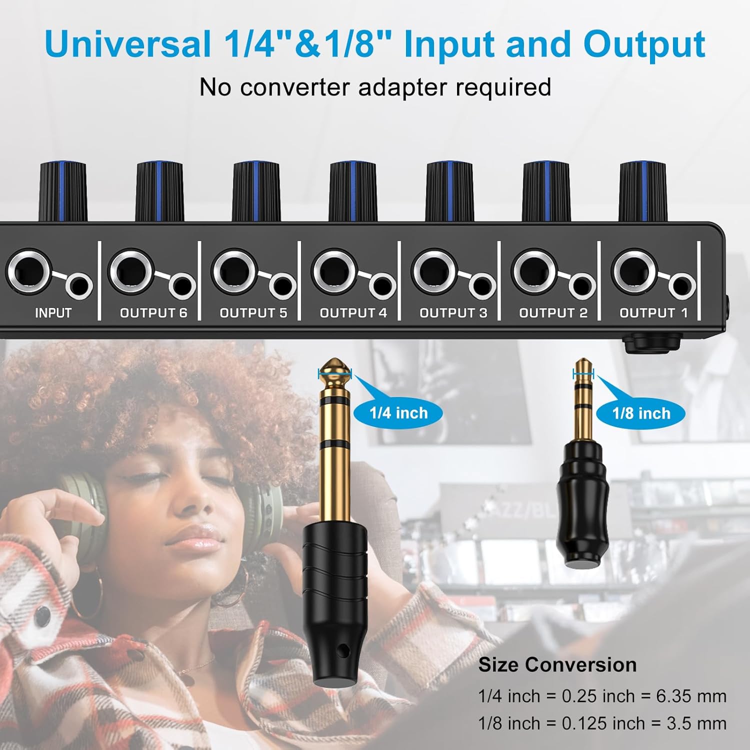 LZSIG Headphone Amplifier 6 Channel Metal Stereo Audio Amplifier with Bass Boost,Mini Earphone Splitter with Power Adapter,1/4" & 1/8" TRS Headphones Output and TRS Audio Input, DC 12V