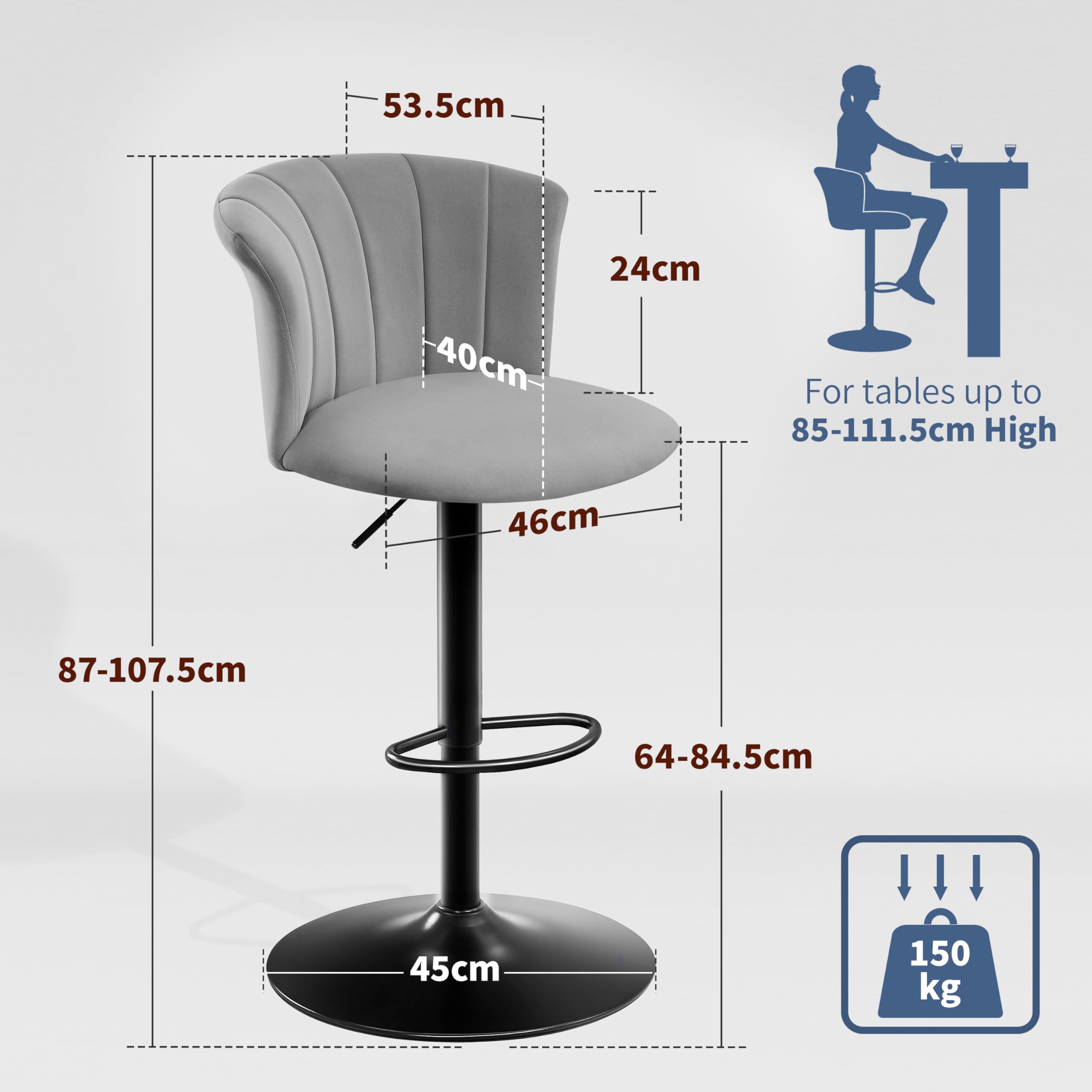 STOOLINK Set di 2 Sgabello da Bar, Sedia da Bar Tessuto Velluto Seta, Sgabelli Cucina con Poggiapiedi, Sgabelli da Bar Regolabile, Sgabelli Bar Girevole a 360° con Schienale-Grigio