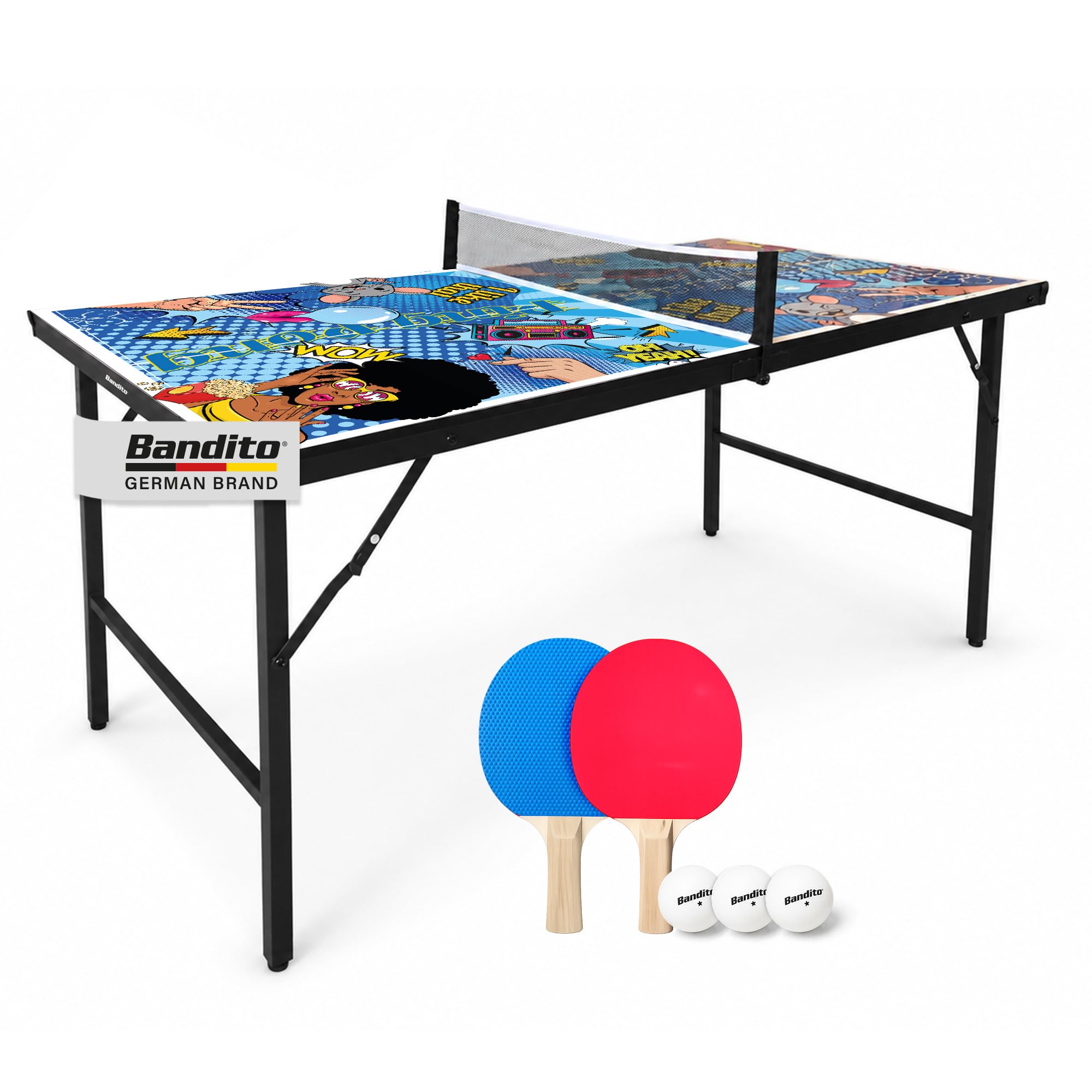 Bandito Mini tavolo da ping pong con 2 racchette e 3 palline in stile fumetto, pieghevole con maniglia per il trasporto, tavolo da ping pong di medie dimensioni, piccolo tavolo da ping pong per