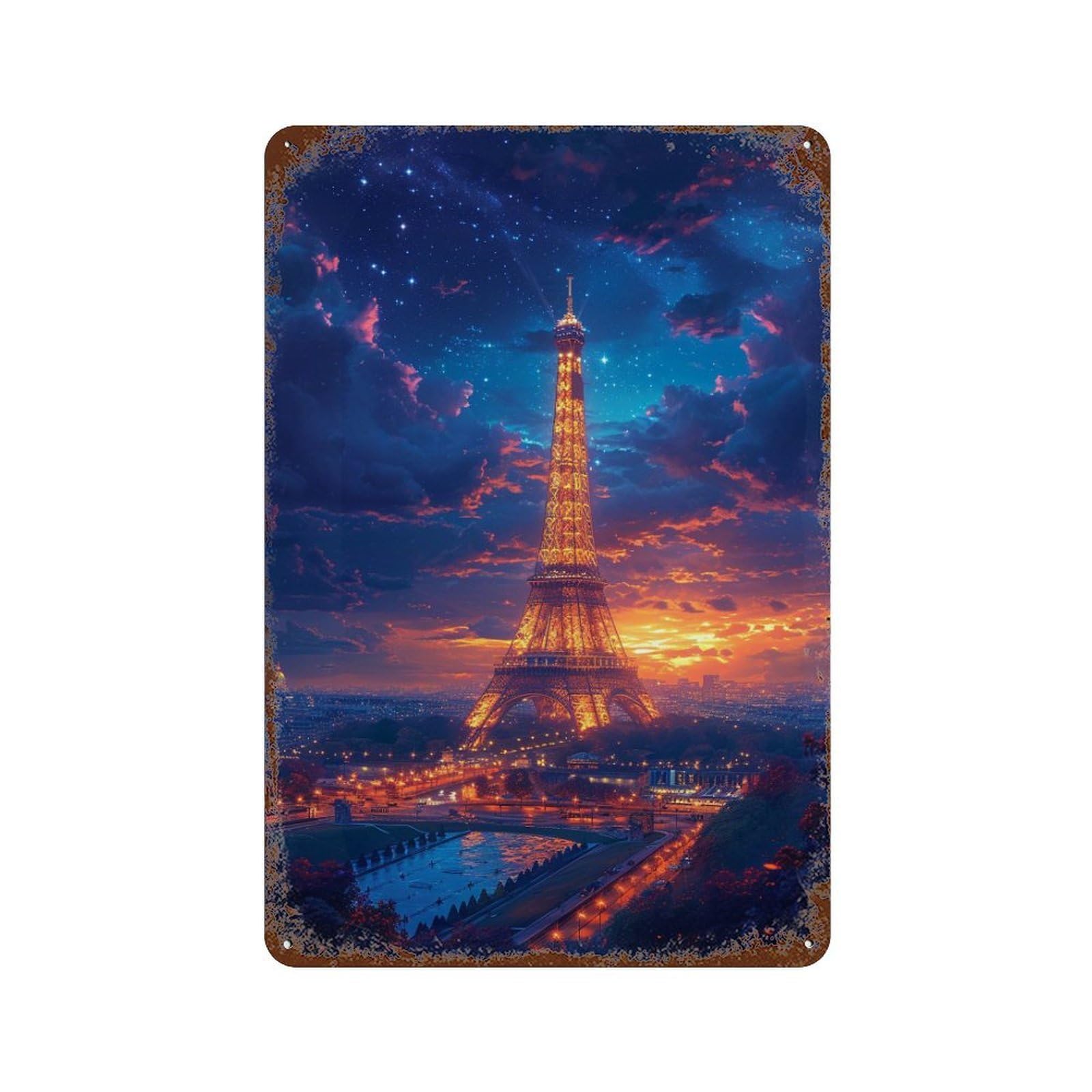 Eiffel Tower Night Lights Distressed Metal Wall Sign 11.8"x7.9", Shabby Chic Decor for Garage, Pub Or Kitchen
