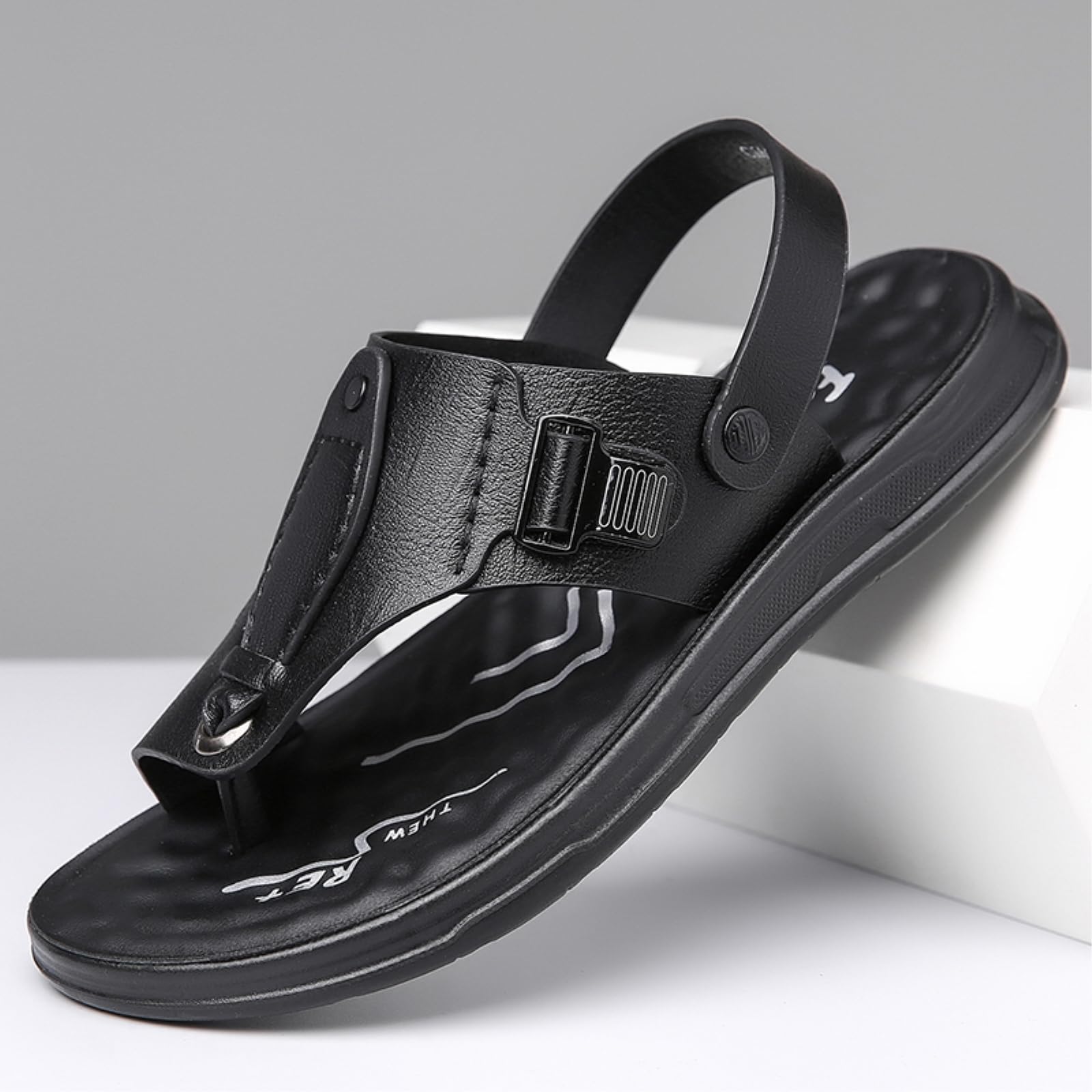 Infradito Sandali da Uomo Regolabili A Due Indossamenti in Pelle, Flip Flops Versatili per Uso Casual E Quotidiano-black-46