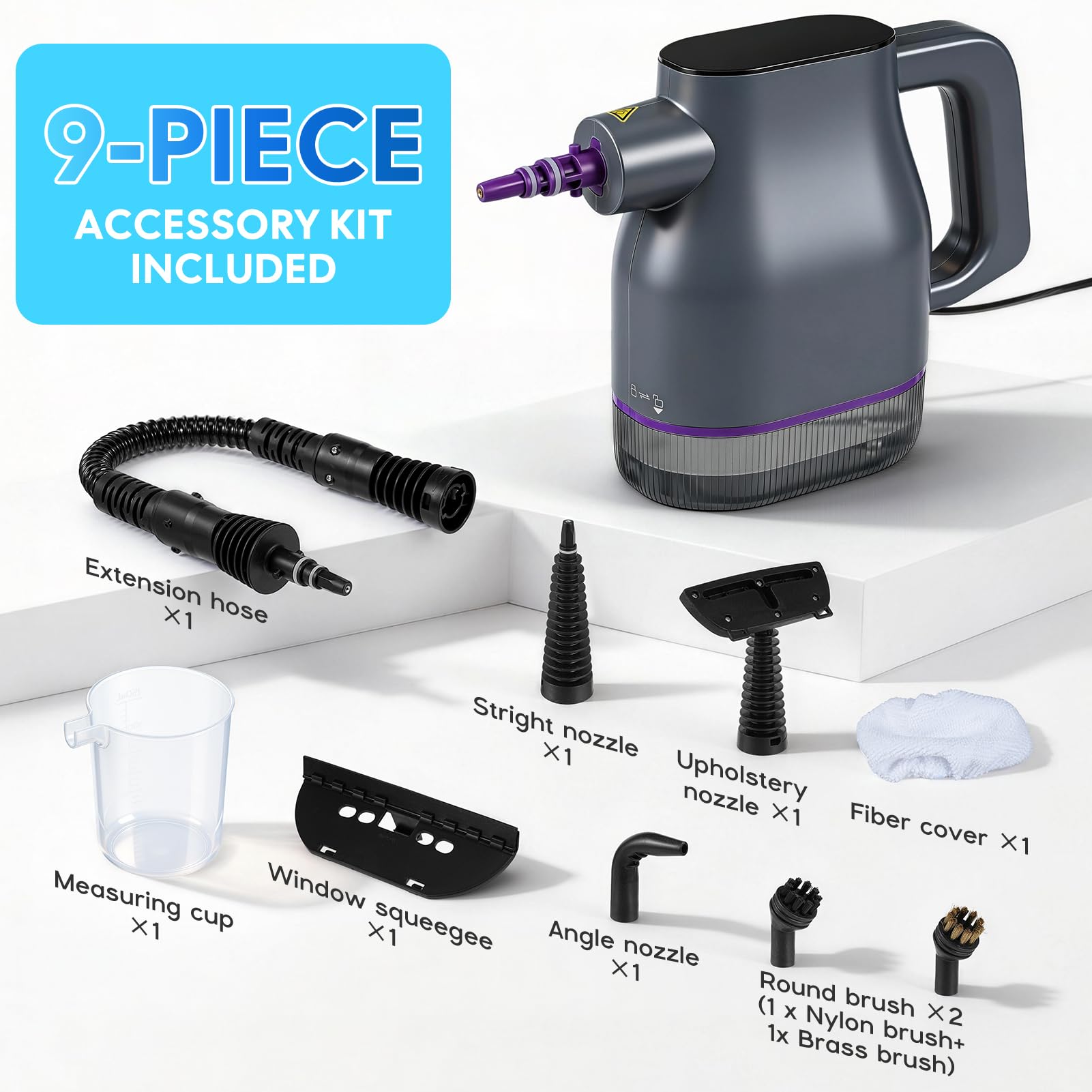 1350W Pulitore a Vapore Portatile con Riscaldamento Rapido 15s a 130°C – Touchscreen, Blocco Sicurezza, 400ml Senza Chimici – 9 Accessori per Auto, Divano, Pavimenti, Bagno, Piastrelle, Finestre