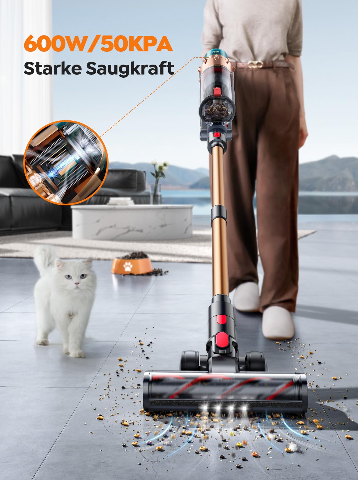 SMOTURE Akku Staubsauger 50000Pa/600W/65Min, Staubsauger Kabellos mit Mini-Elektrobürste, 1M Schlauch, Aromafunktion, Touchscreen,Anti-Tangle-Bürste,Selbststehend für Tierhaare/Teppiche/Hartböden/Auto