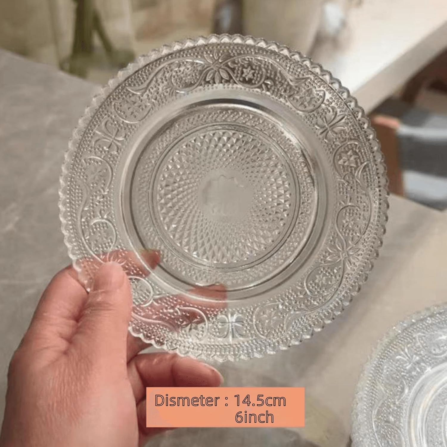 Crystal Glass Dinner Plates, 6inch/7inch/8inch/9inch/10inch Clear Glass Dried Fruit Plate Dessert Plate with Lace Trim, Snack Plate for Restaurant Family Party (clear 6ps, 6inch)