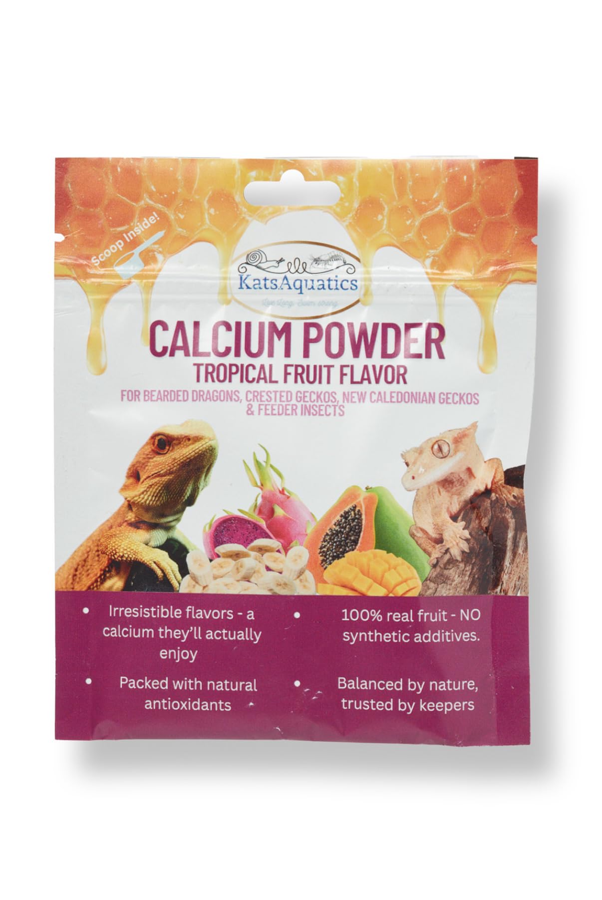 KatsAquatics Calcium Powder - Tropical Fruit Flavor - for Lizards, Bearded Dragons, Crested Geckos, and Feeder Insects. Nutritious, 100% Natural,