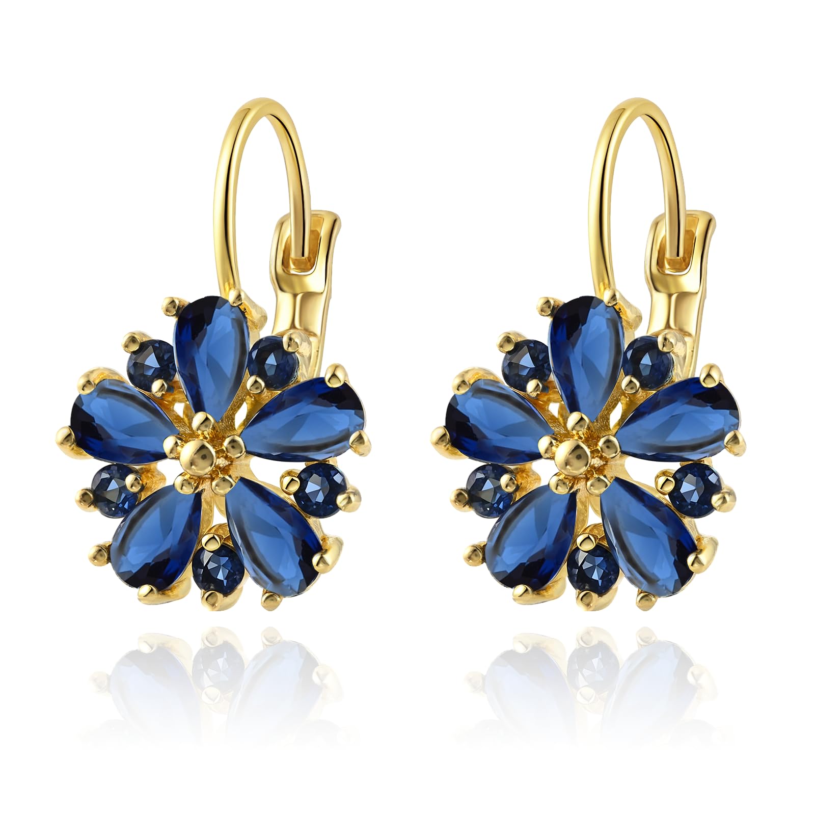 Vintage 14K Gold Plated Flower Sapphire Earrings - Hypoallergenic Leverback Floral Earrings, Trendy Jewelry for Women