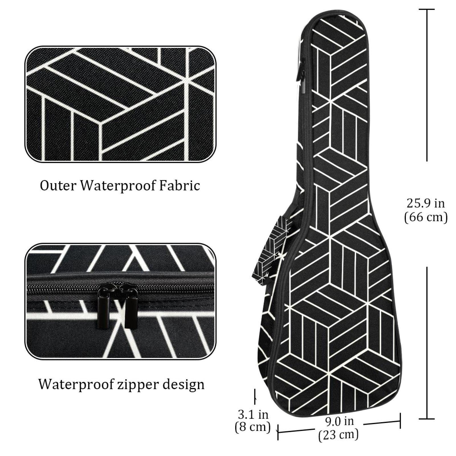 Sac à dos robuste pour ukulélé de concert - Sac de rangement pour ukulélé soprano - Sac rembourré de 10 mm - Motif géométrique noir d'inspiration japonaise