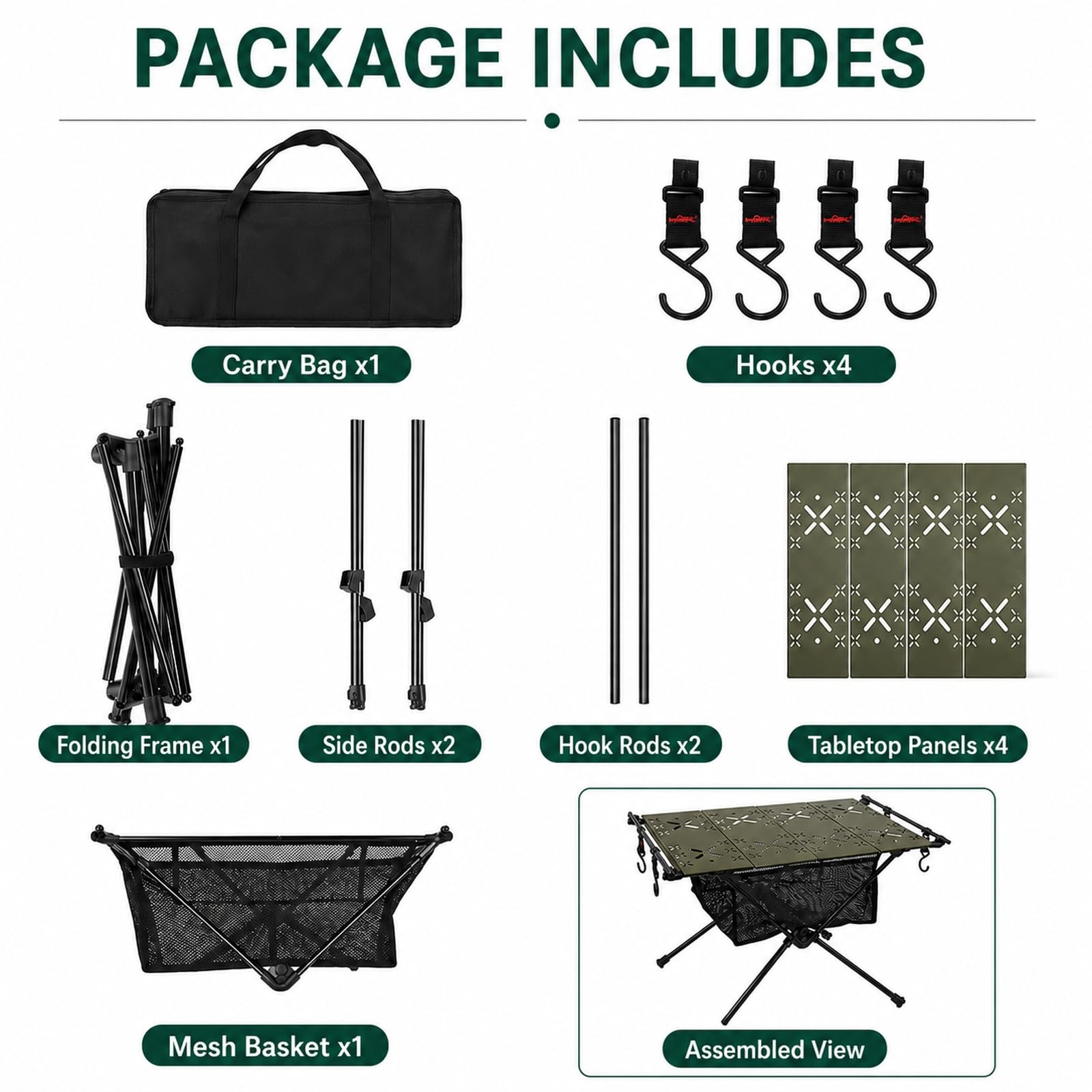 GOOGO Tavolo pieghevole da campeggio, piano in alluminio e ripiano in rete, tavolino ultraleggero outdoor per picnic, pesca e cucina all’aperto, 59 x 40 x 38 cm (verde)