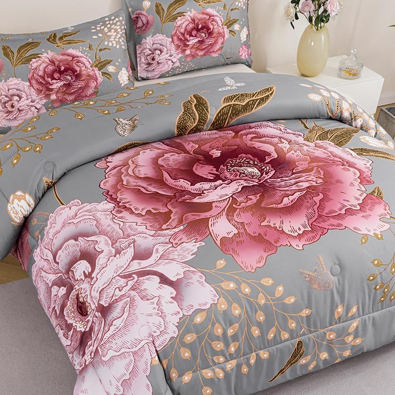 Miniatura 5 de ANGIYUIN Juego de edredón floral rosa tamaño Queen con fundas de almohada