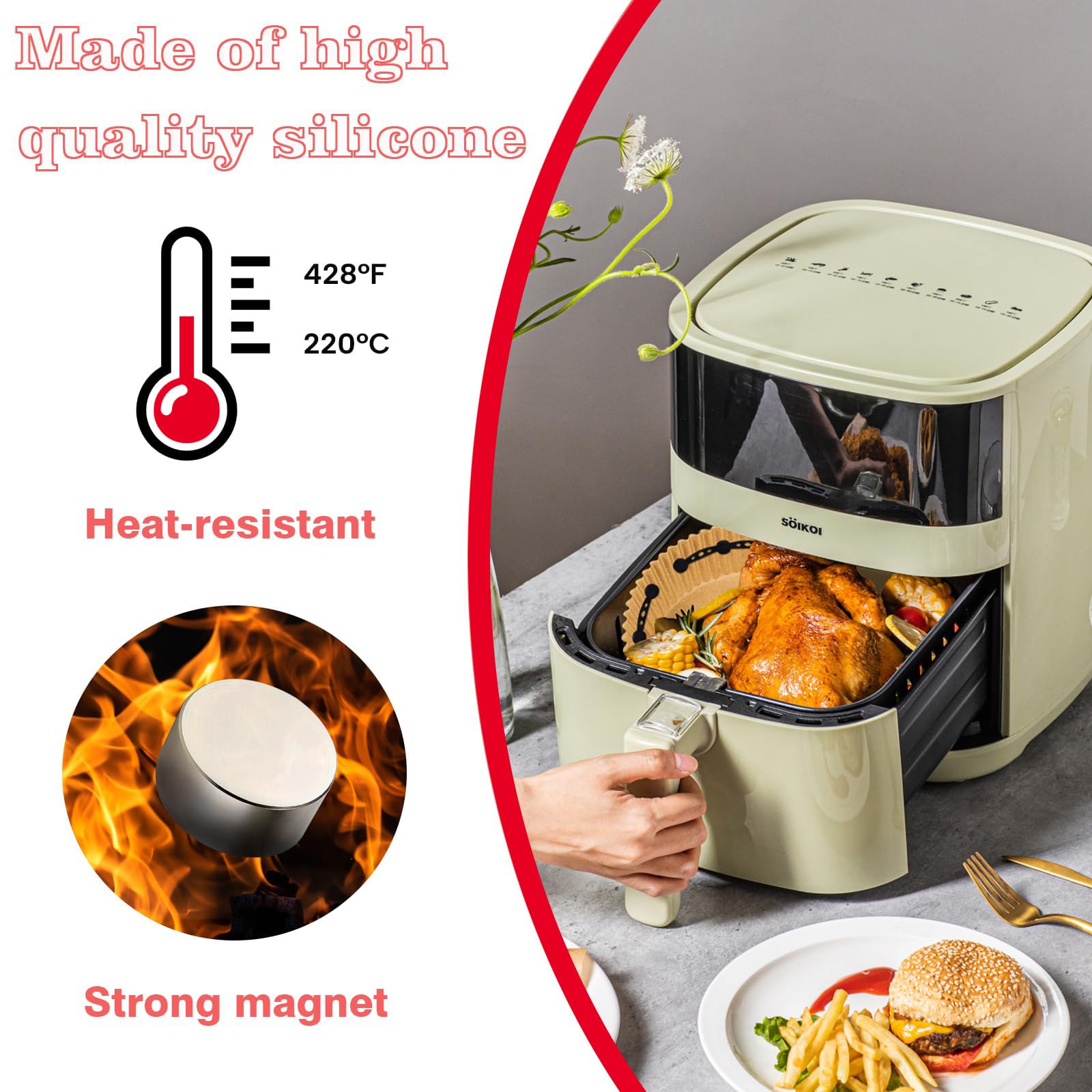 [Zestaw 2/4] Silikonowe Magnesy do Papieru do Pieczenia Airfryer - Zapobiegają Przykrywaniu Żywności, Magnetyczna silikonowa naklejka mocująca,Do Ninja/Philips/Cosori