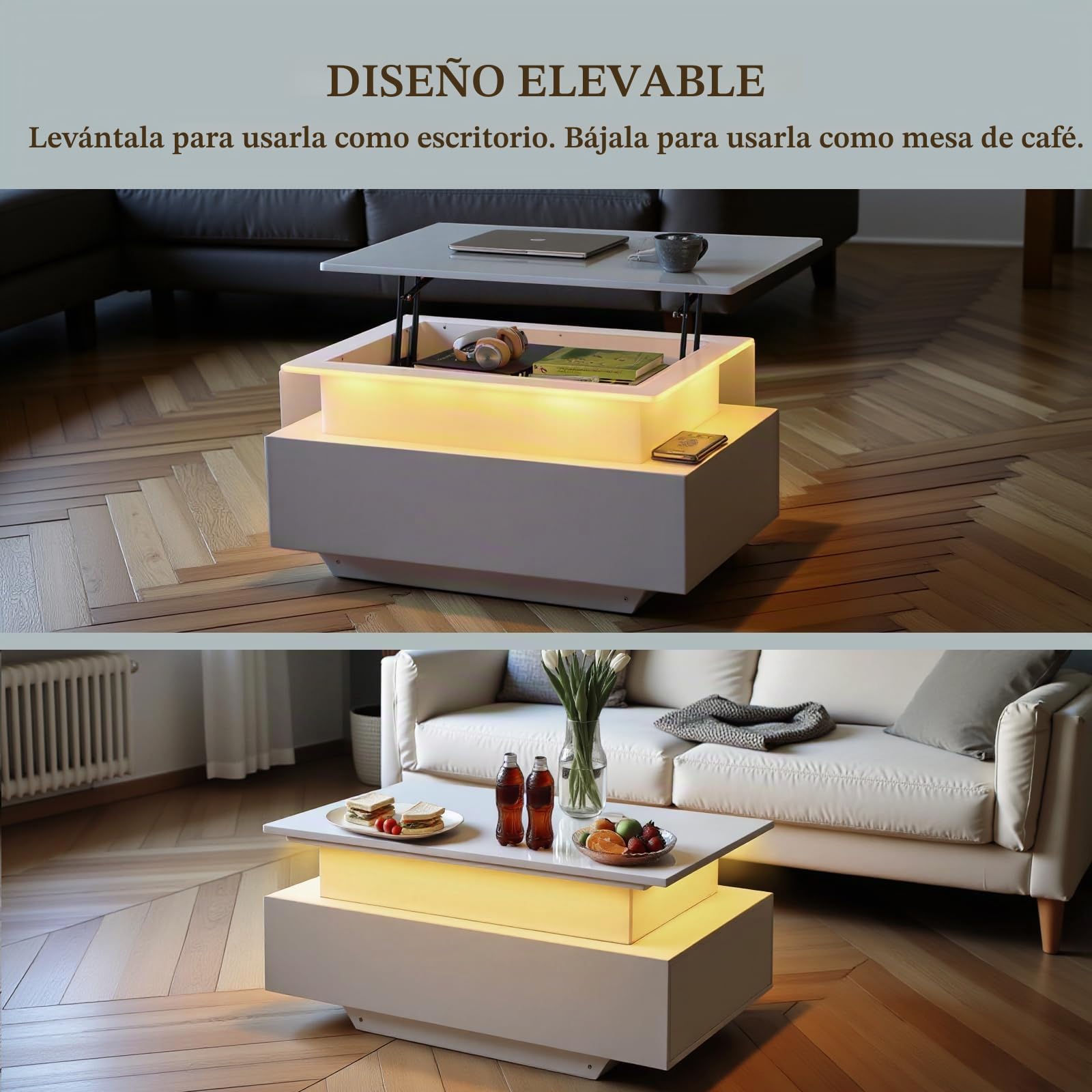 Mesa de Centro Regulable en Altura, Mesa de Salón Brillante Moderna, Mesa Elevable Salon Led, Estante Abierto y 2 Cajones, 85 x 50 x 45 CM, Blanco