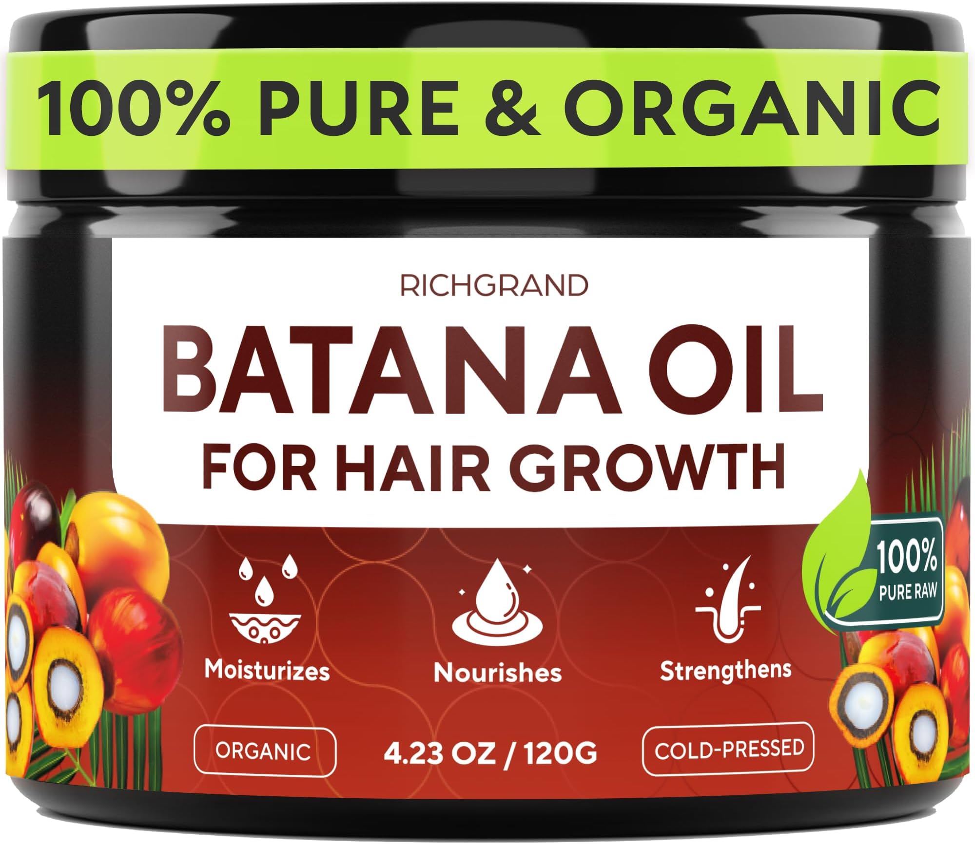 Batana Oil for Hair Growth - 100% Raw & Organic Unrefined Batana Oil - Cold Pressed Hair Mask for Scalp Health, Thicker Hair & Split Ends Repair - Natural & Pure (4.23 oz)
