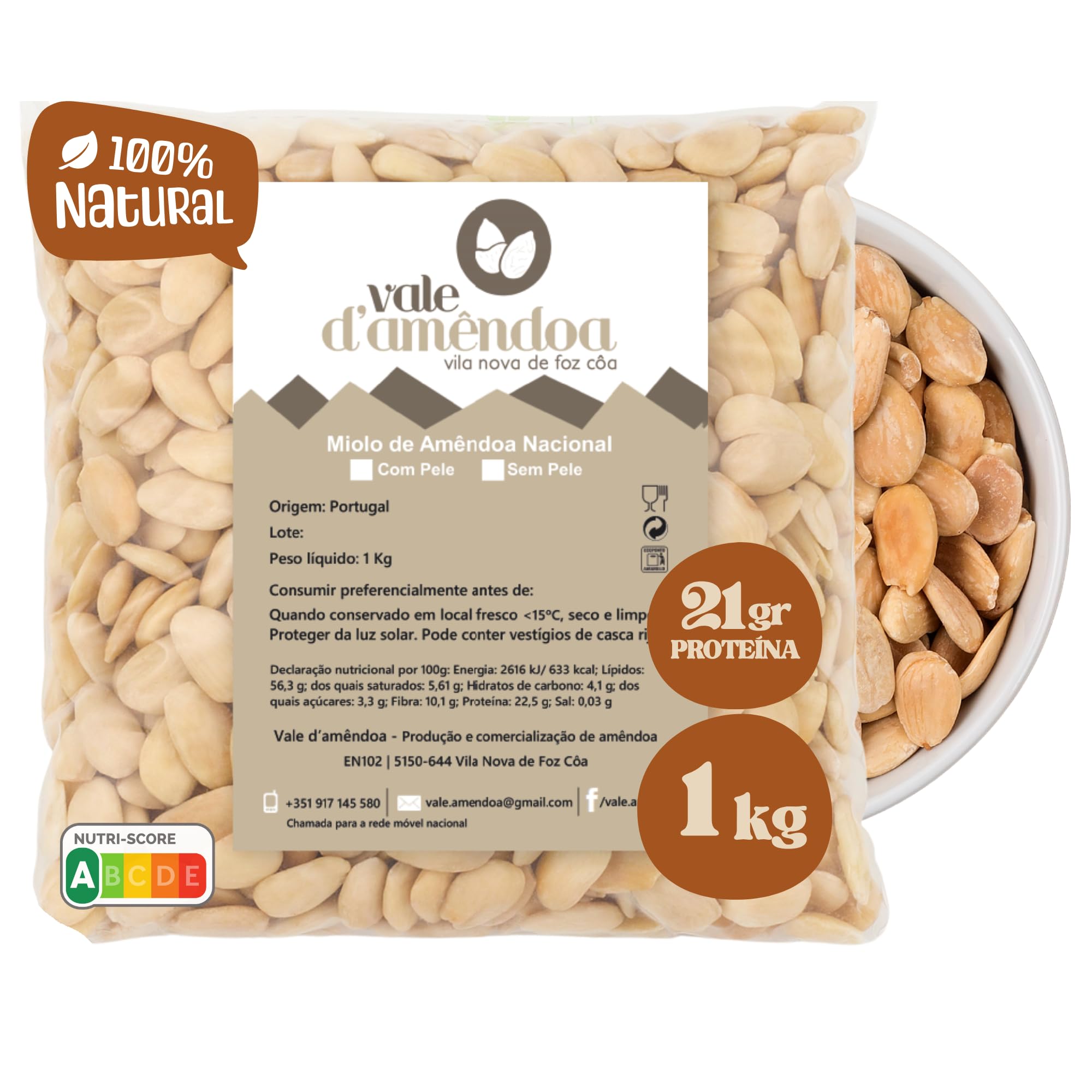 Vale D'Amêndoa Almendras Crudas Sin Piel 1kg, Calibre Grande S/14, Frutos Secos Naturales de Portugal, Sabor Dulce y Mantecoso, Ideal Snack, Repostería y Harina de Almendra, Keto, Vegano, Sin Gluten