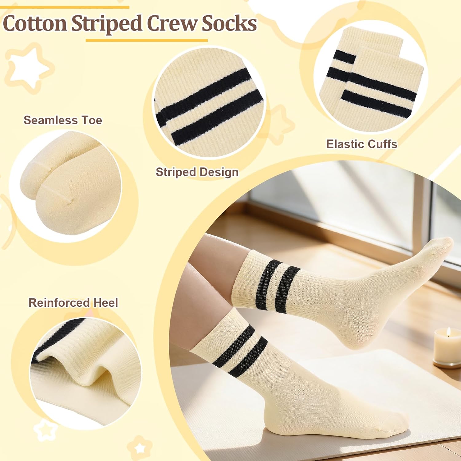 4/6 Pairs Striped Crew Socks Women Casual Classic Retro Striped Socks Crew Athletic Cotton Sock for Women Girls