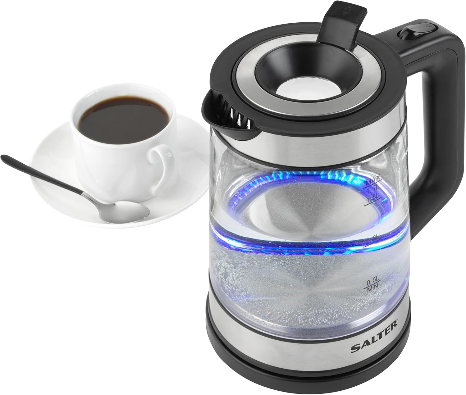 Salter EK5016 Glass Kettle Easy Fill Lid, 360° Swivel Base, LED Blue