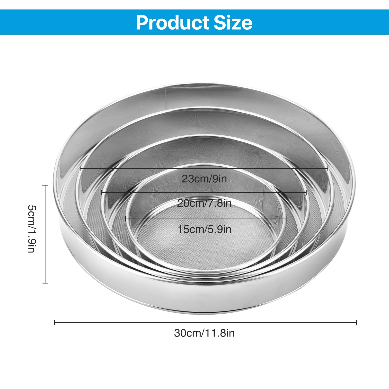 Lot de 4 tamis ronds en acier inoxydable 60 mailles avec tamis à mailles fines de 15,2 cm, 20,4 cm, 25,4 cm, 30,5 cm pour décoration de gâteaux, tartes, pâtisseries, cupcakes