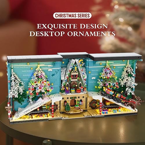 Miniatura 4 de MISINI Bloques de construcción de tren de Navidad 3D 66033 2023, 3260 piezas, sujetalibros de árbol de Navidad, alce, libro de bloques con luz LED,