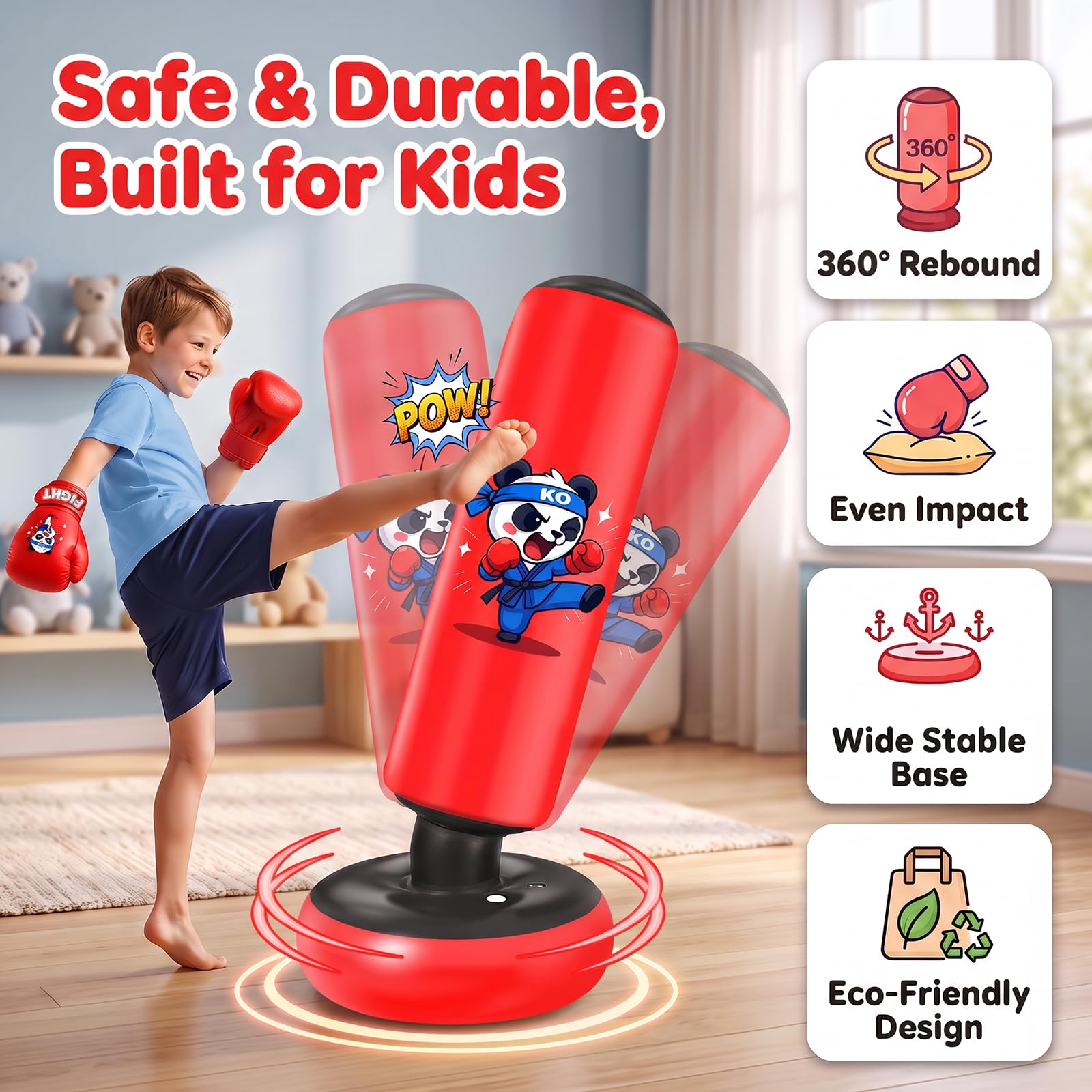 Ninonly Sacco da Boxe 130cm con Guanti e Pompa per Bambini 3-8 Anni | Sacco da Boxe da Terra Gonfiabile, Punchball per Karate MMA Taekwondo, Gioco Fitness per Allenamento a Casa, Design Panda
