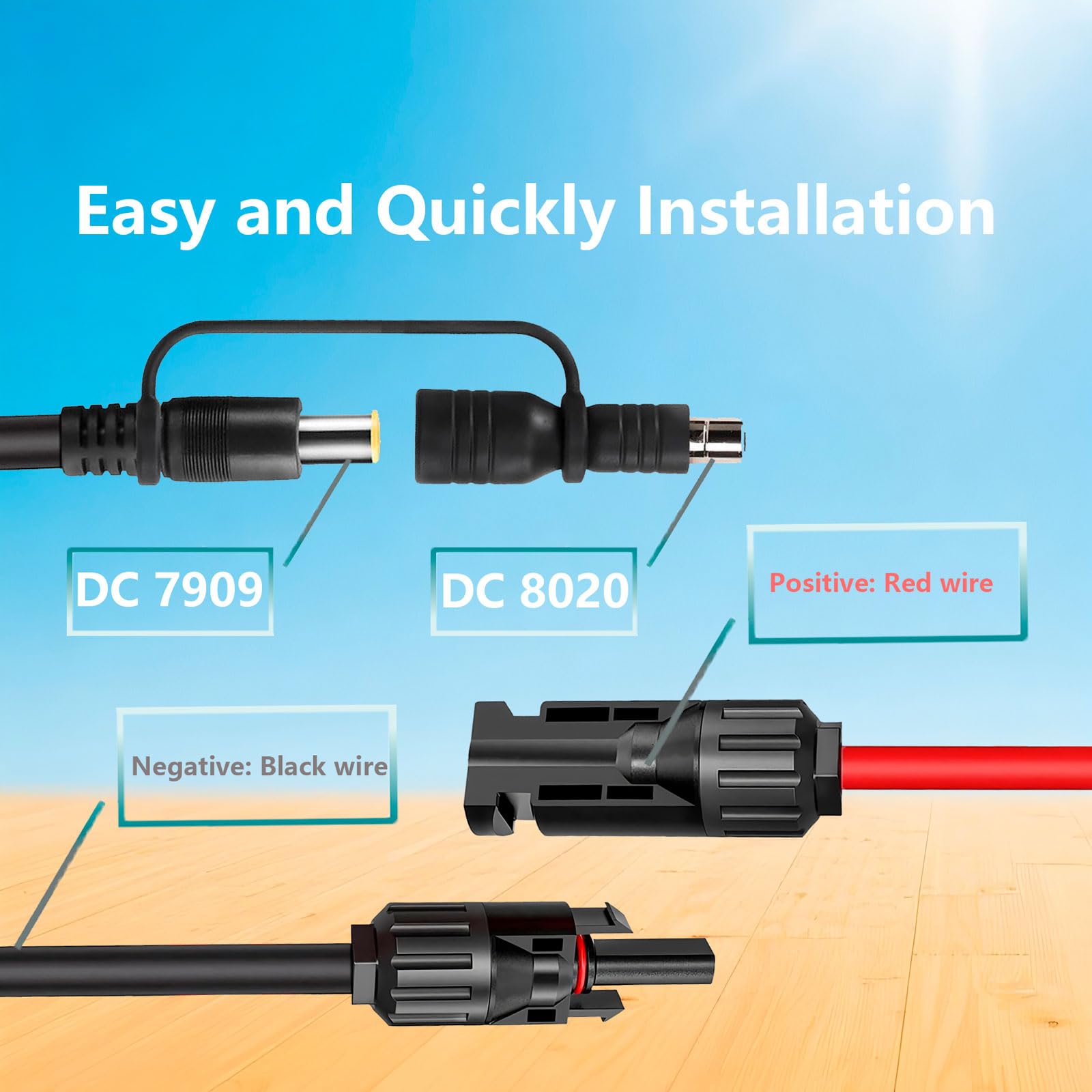 Cavo solare a DC 8 mm con adattatore DC 7909 to 8020, cavo di ricarica solare da 14 AWG, compatibile con Jackery Explorer 240/1000/2000 Pro Plus Bluetti EB70/EB3A/AC200MAX Anker 535/555 Powerstation