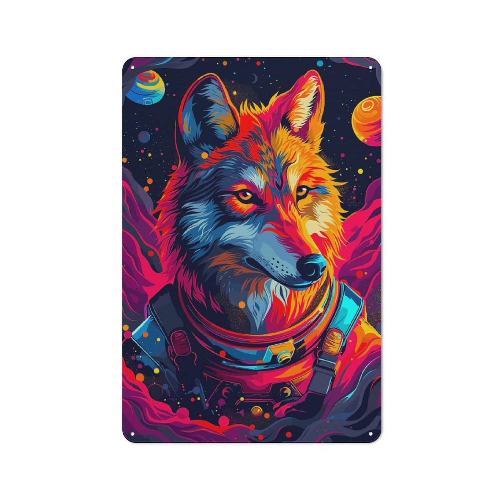 Junmoney Astronaut Wolf Space Tin Wall Plaque 30X20cm With For Hobby Room Or Studio, For Metal Sign Collectors, For Kitchen And Home Bar Decor
