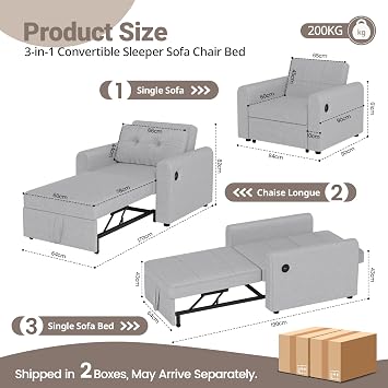 Single Sofa Bed, 3-in-1 Convertible Sleeper Chair with USB & Type-C Ports, Storage Pockets and 3-Position Adjustable Backrest, Linen Fabric Pull Out Couch Bed for Living Room, Bedroom, Grey