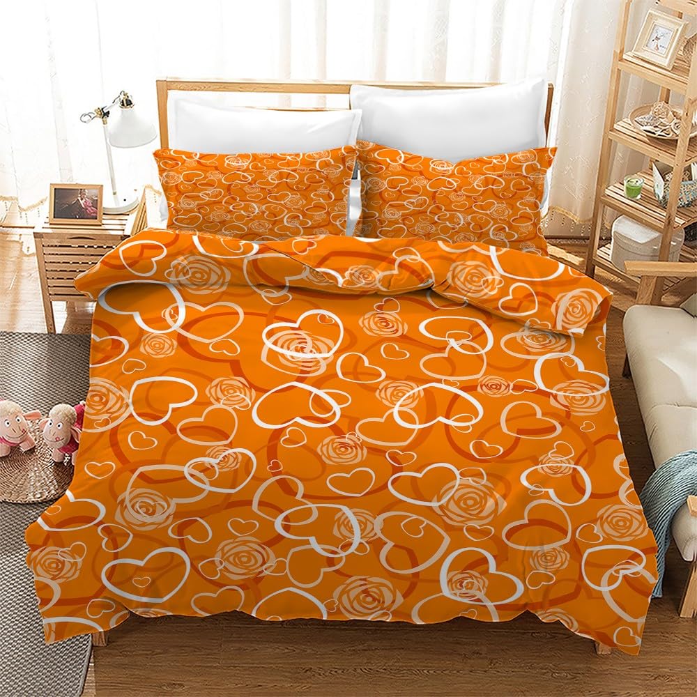 Parure de lit réversible 3D roses et coeurs orange avec housse de couette 90x190 cm zippée