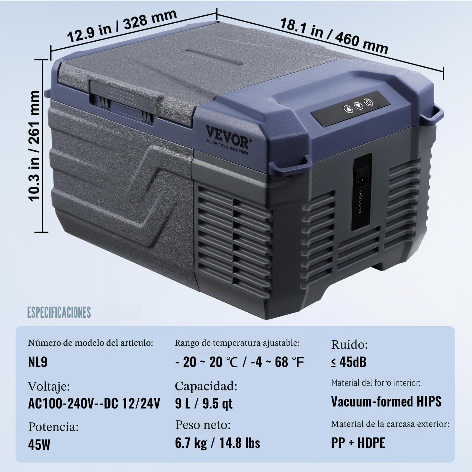 VEVOR Nevera de Compresión Portátil 9 L Mini Nevera para Coche 12/24V DC y 100-240V AC Caja Enfriadora de Zona Única Temperatura Ajustable de -20°C a 20°C para Camión Barco Casa Camping