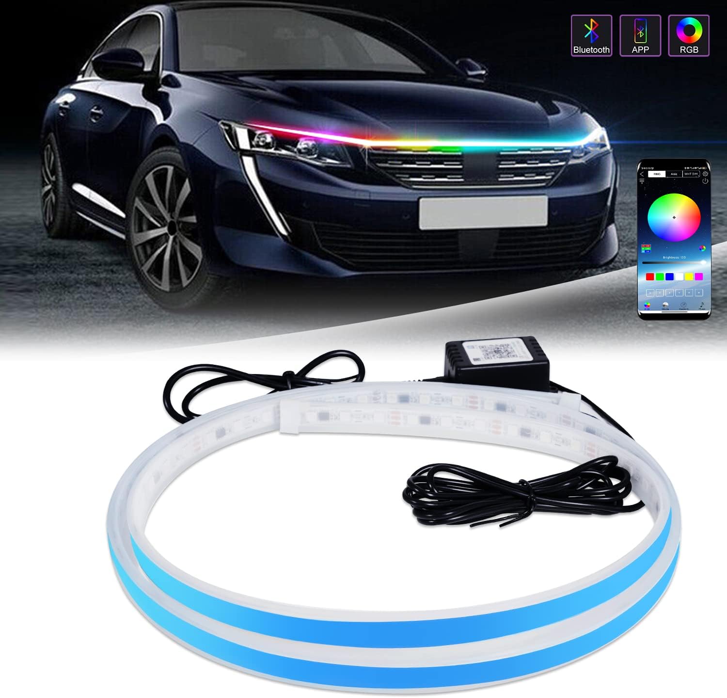 LED Strip Lights for Cars, Car Hood LED Strip 1.5M (60 Inch) Car Hood Strip Light Multicolor Strip Daytime Running Light APP Control 1set