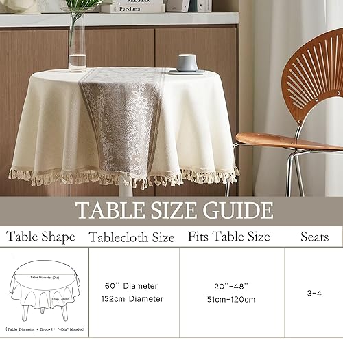 Miniatura 5 de IVAPUPU Mantel redondo de lino de 60 pulgadas con borlas, mantel redondo resistente, lavable, para cocina, comedor, fiesta de Navidad, 60 x 60
