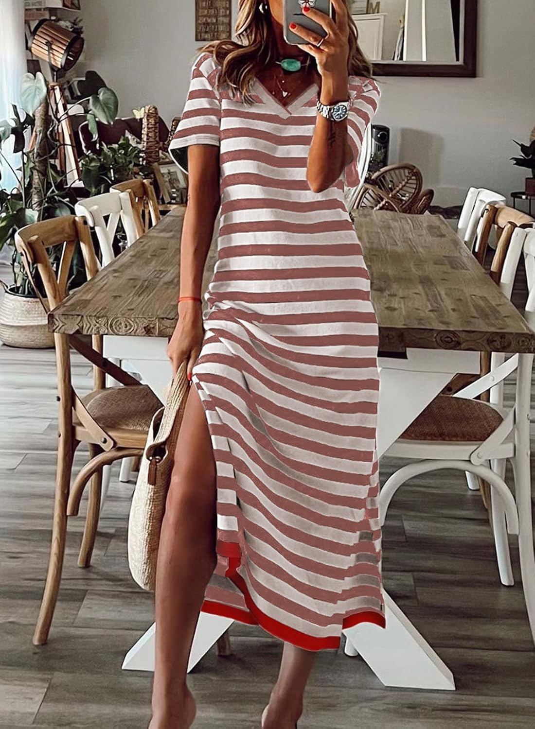 Dokotoo Womens Summer Casual Trendy 2026 Short Sleeve Maxi Dress Striped Split Vacation Color Block T Shirt Dress - Image 4