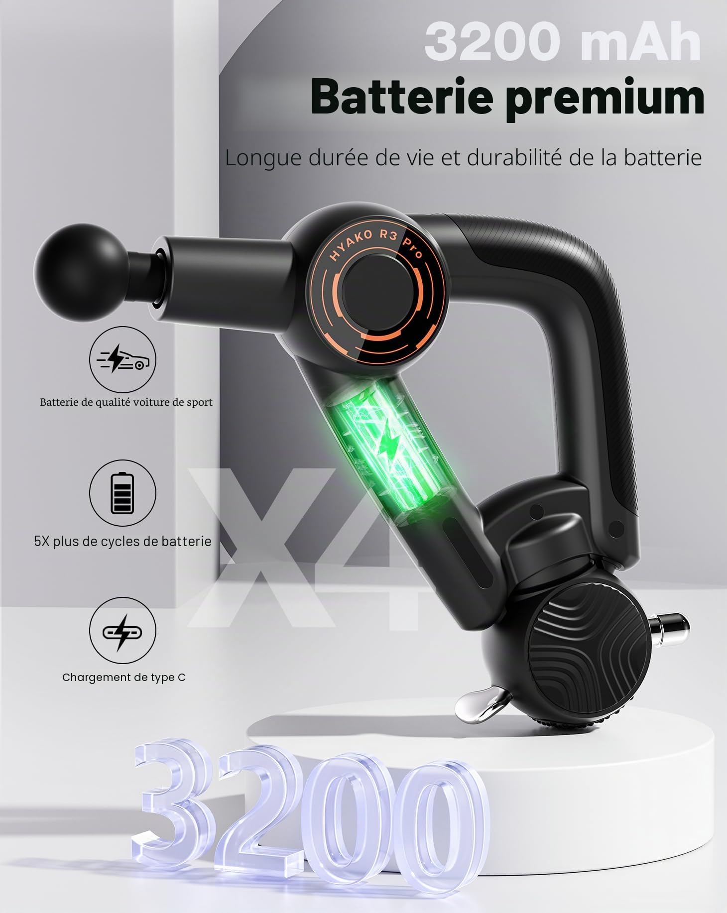 HYAKO R3 Pro Pistolet de massage 3 en 1 Amplitude 16 mm + Appareil de massage vibratoire à haute fréquence – Pistolet de massage musculaire des tissus profonds, soulage les douleurs musculaires et