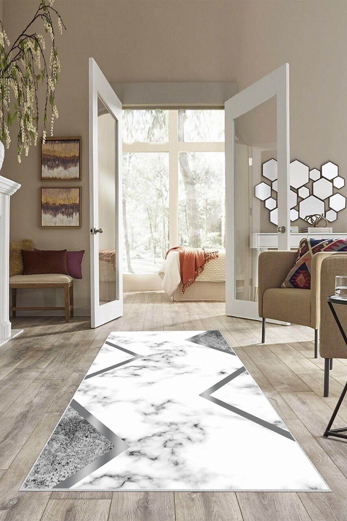 Pelangi Gri Çizgili Mermer Desenli Yıkanabilir Kaymaz Taban Leke Tutmaz Modern Salon Halısı Ve Yolluk, Gri-Beyaz 100 x 400, 74571246100400728