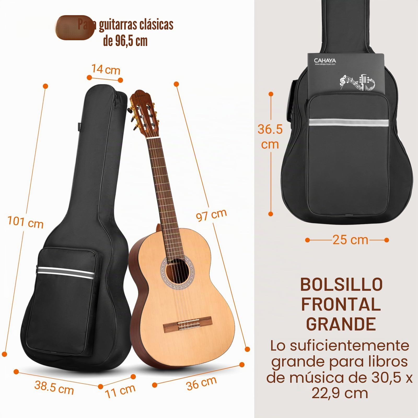 CAHAYA Bolsa de Guitarra Clásica 39 Pulgadas Gig Bag Funda Blanda de 6 mm de Grosor Mochila de Guitarra con Bolsillo Grande Bandas Reflectantes Modelo CY0288