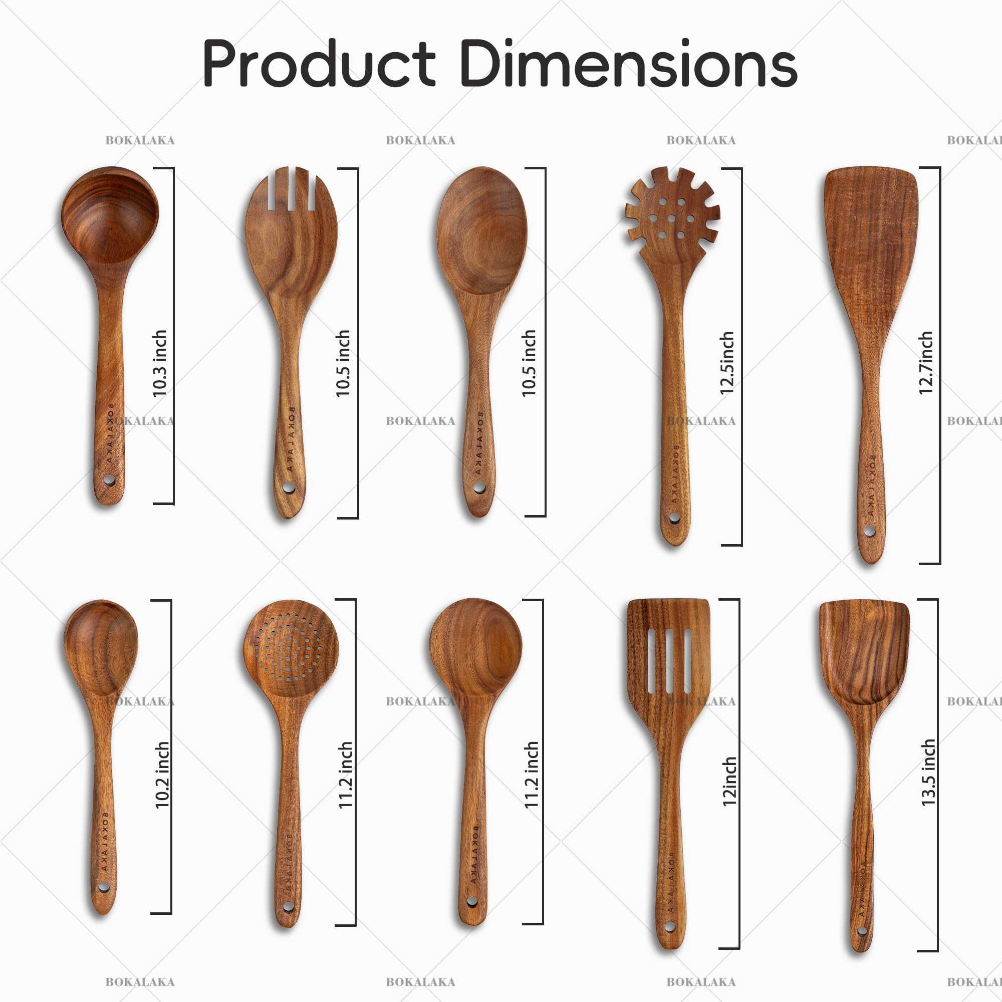 BOKALAKA Juego de 10 utensilios de cocina de madera de teca natural, espátulas y cucharas para cocinar