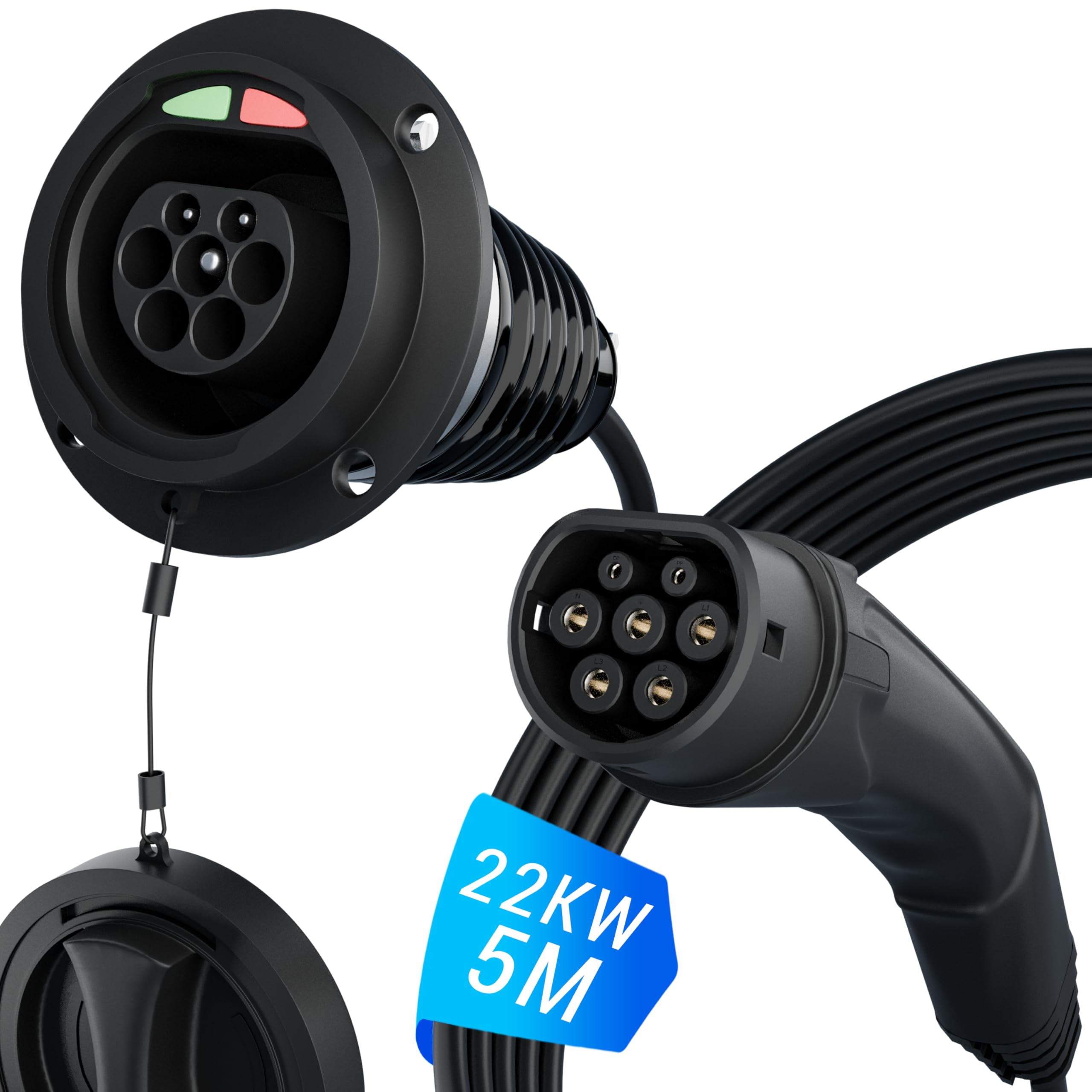 EVPEIWE 5 Meter Type 2 Female to Type 2 Male EV Charging Extension Cable, 22KW/32A 3-Phase Electric Vehicle Charging Cable Extension Cord for EV Charger Type 2 Charging Cable