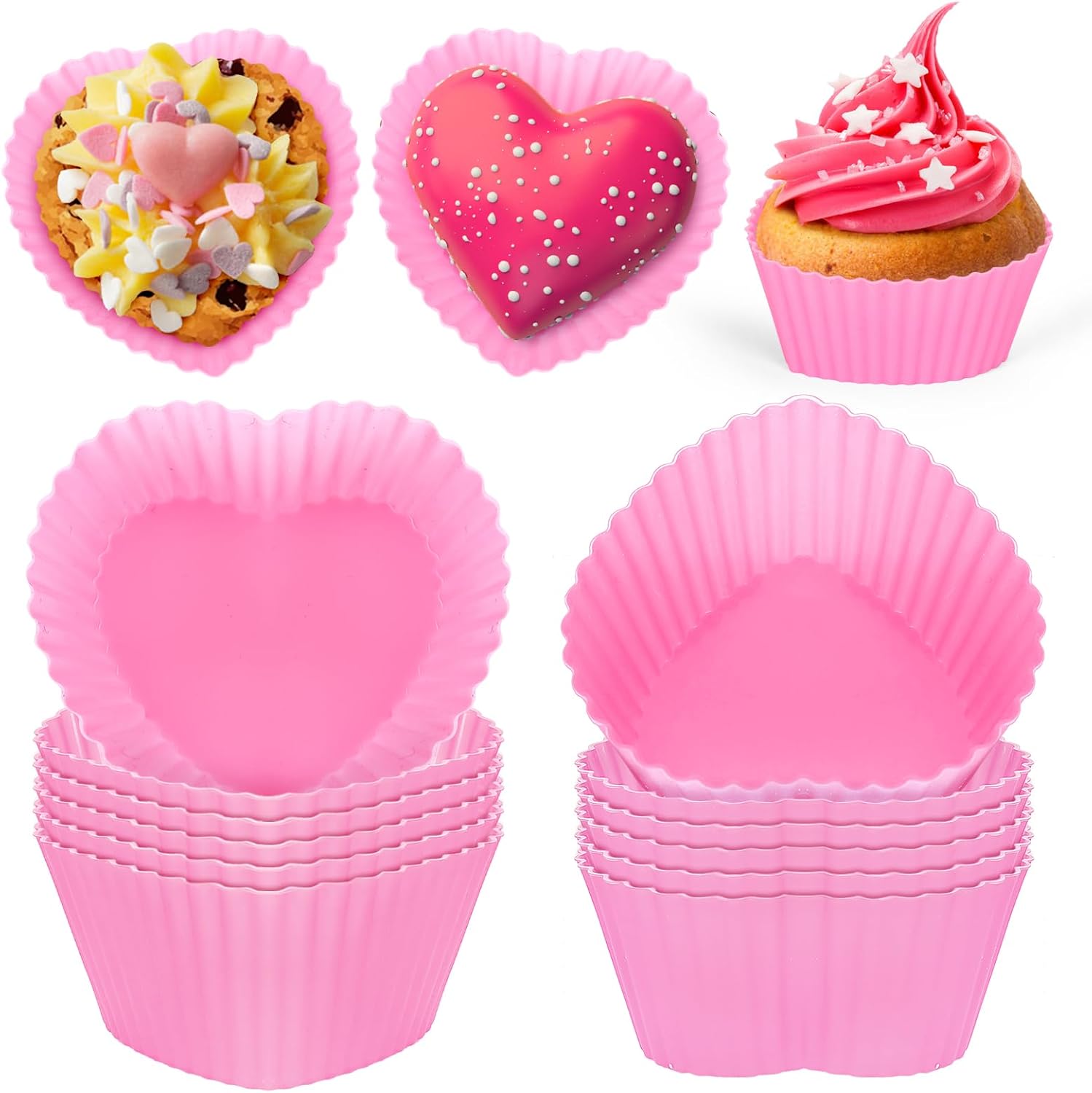 Whaline 36Pcs Silicone Baking Cups Pink Heart Shape Cupcake
