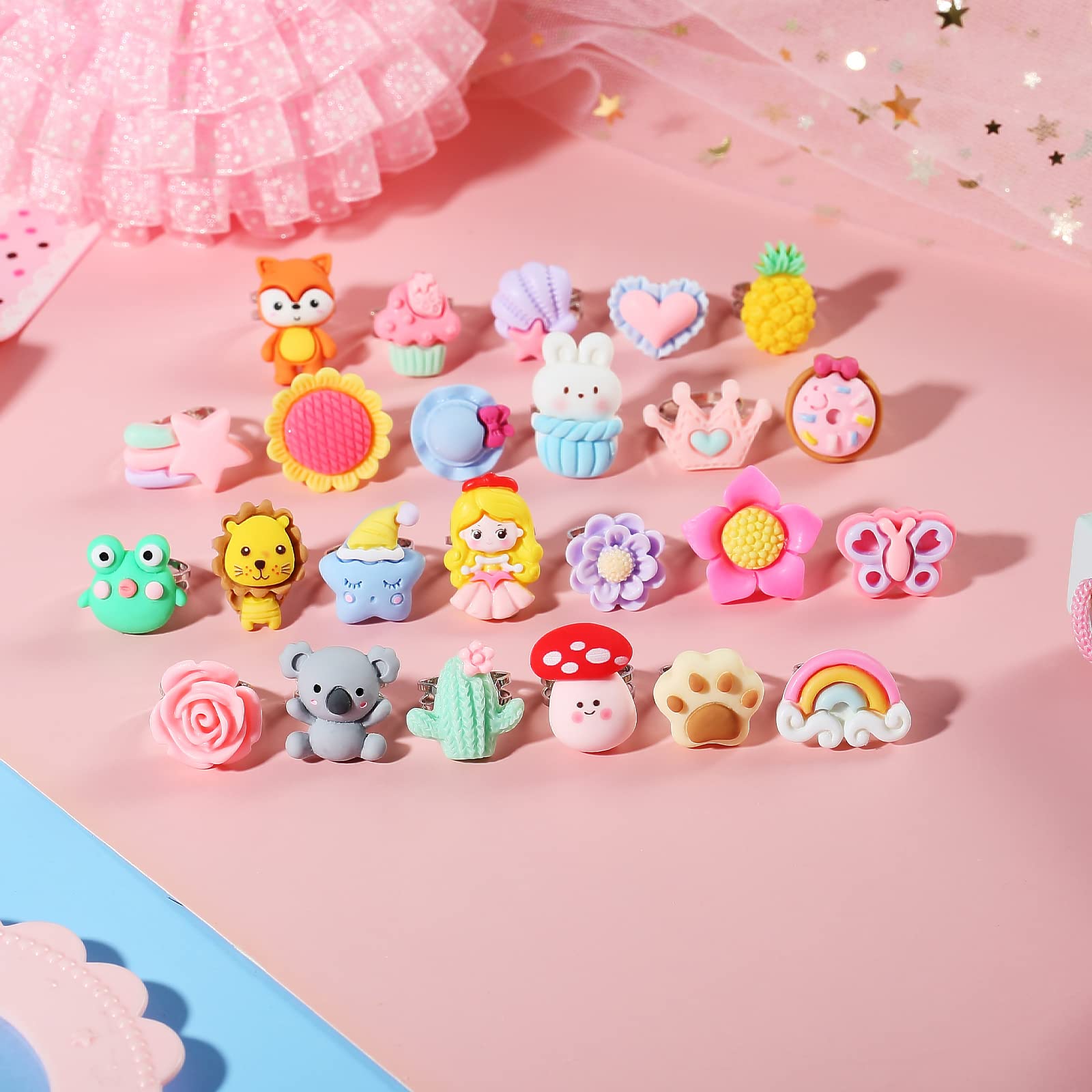 PinkSheep Anelli gioiello per bambina in scatola, regolabili, non duplicabili, anelli per gioco e per vestire la bambina (24 anelli di superficie)