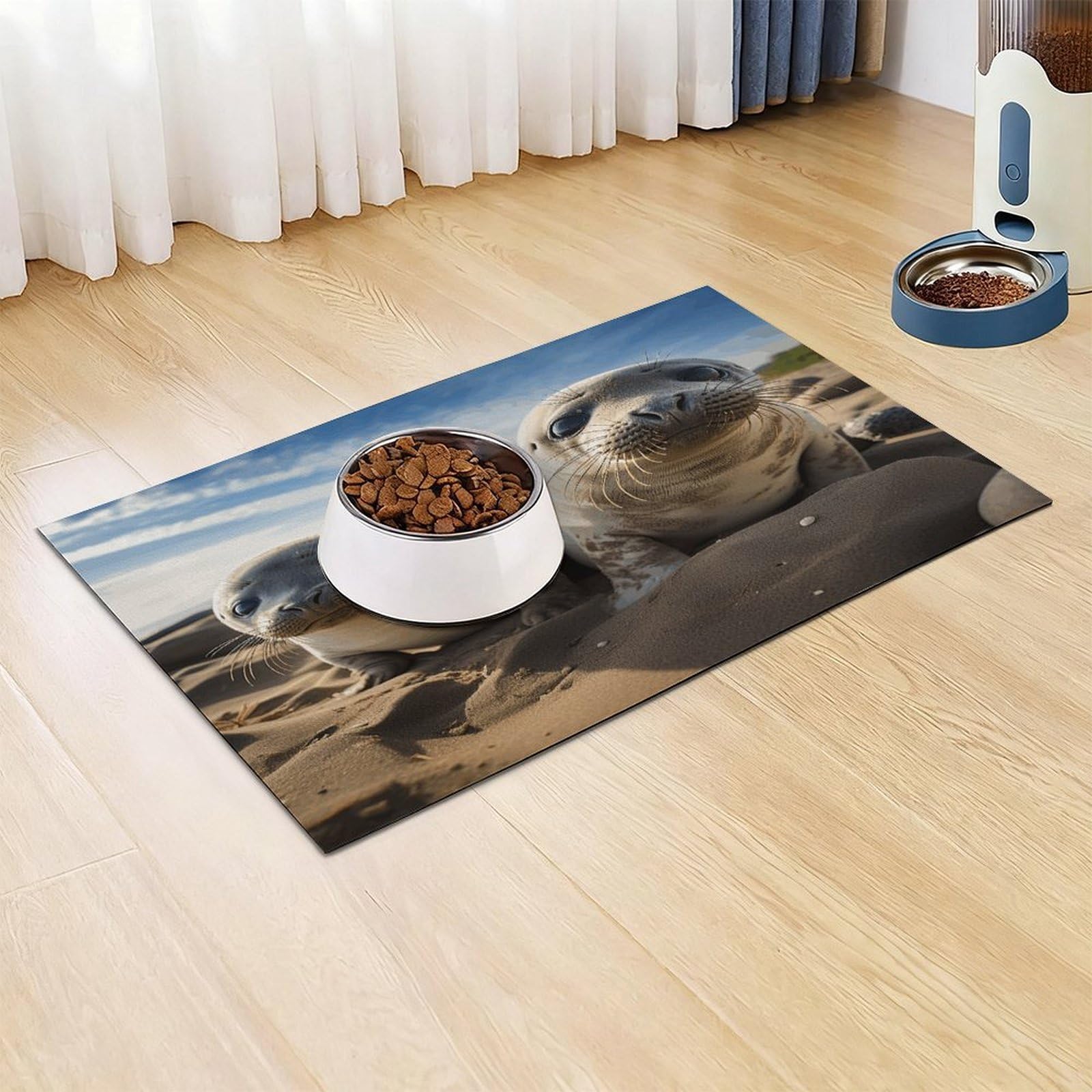 Seal on The Beach Tapis de nourriture pour chat – Tapis d'alimentation antidérapant pour chien, facile à nettoyer pour la nourriture et l'eau, tapis de gamelle pour chien et chat 43,2 x 76,2 cm