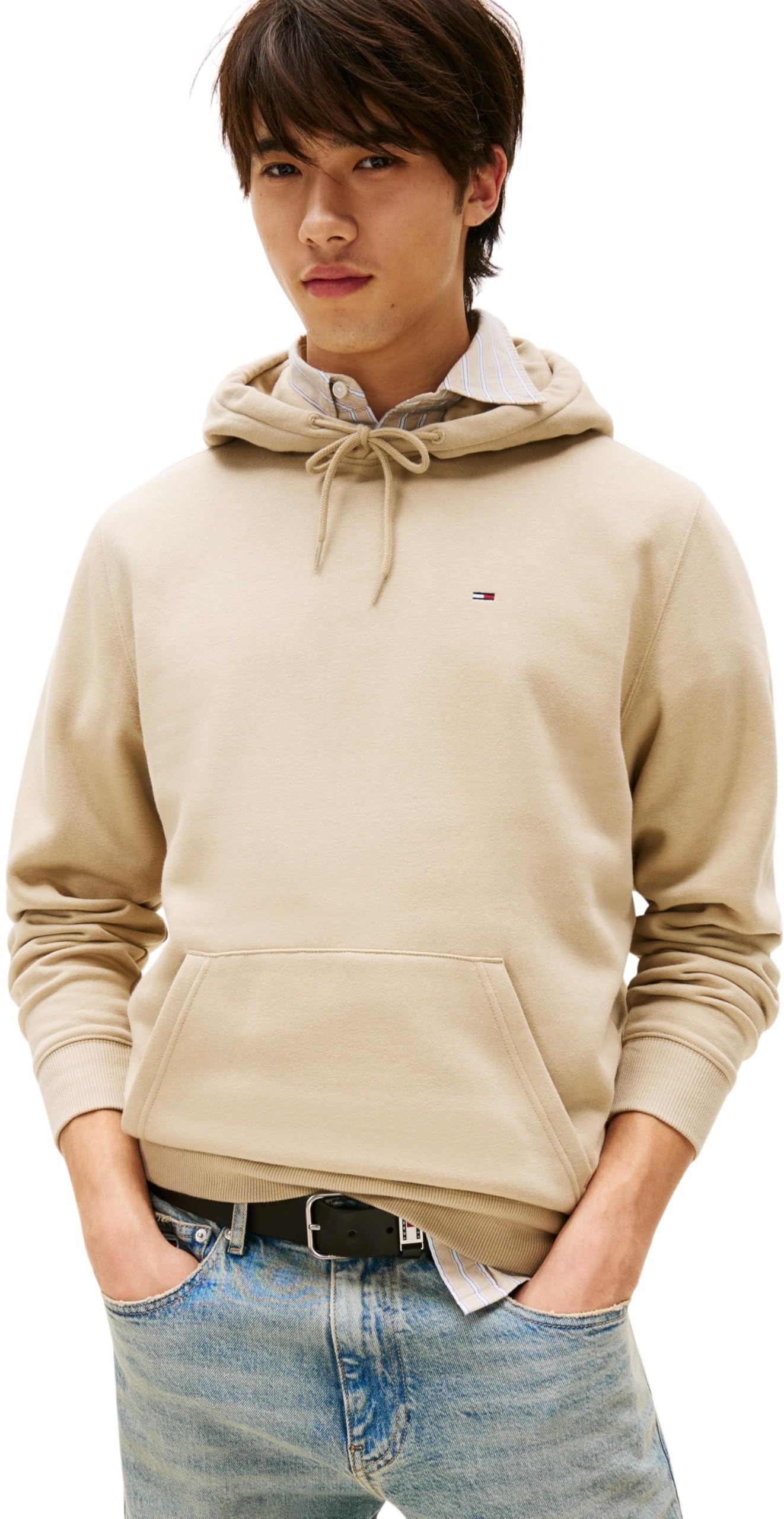 TOMMY JEANS Men’s Regular Fit Flag Fleece Hoodie, Beige (Silt), XXL