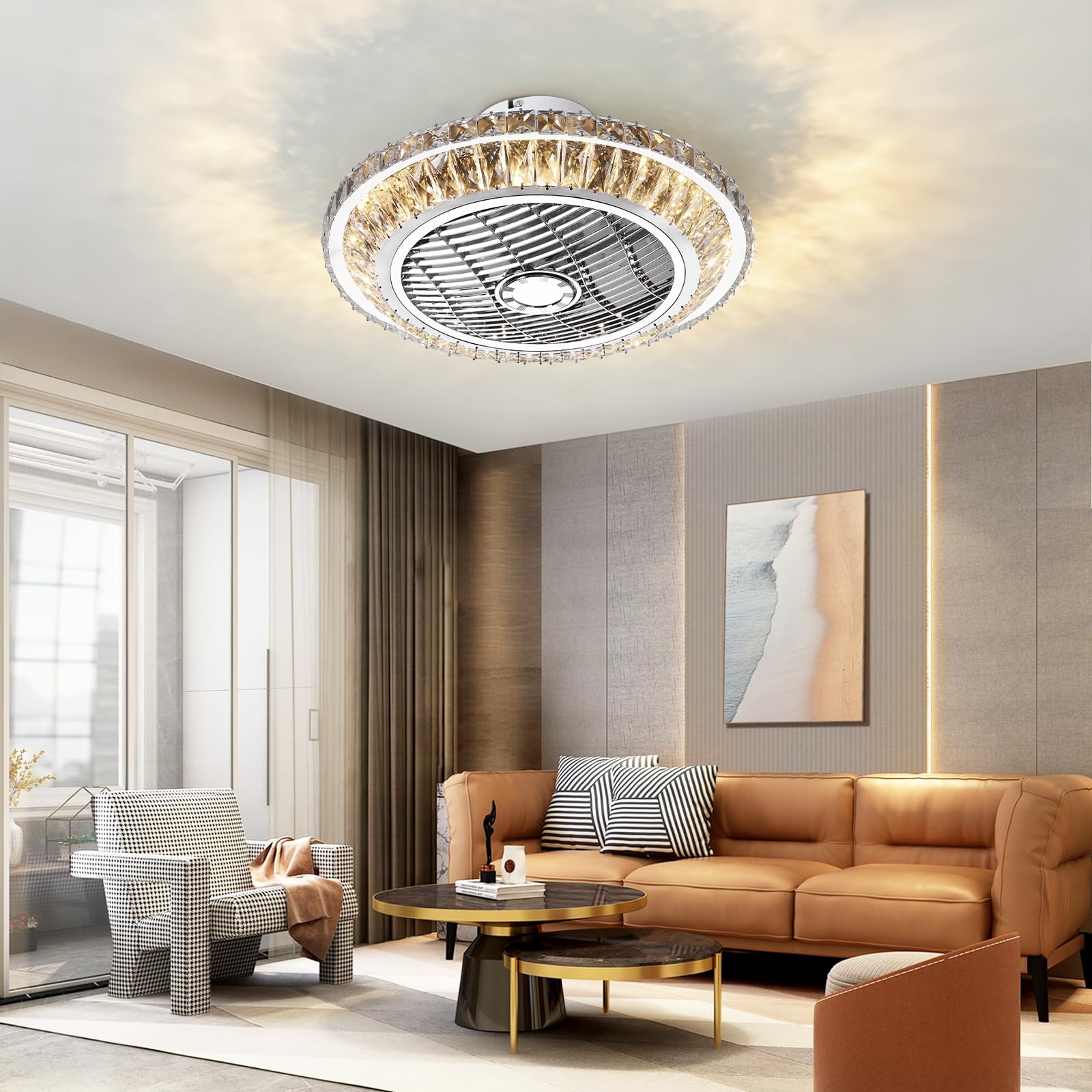 Crystal Ventilatori Da Soffitto Con Lampada 72W LED Fan Plafoniera Invisibile 3 Velocità Con Telecomando Dimmerabile Decorazione D'interni Illuminazione Camera Da Letto Ristorante Fan Lampadario(A)