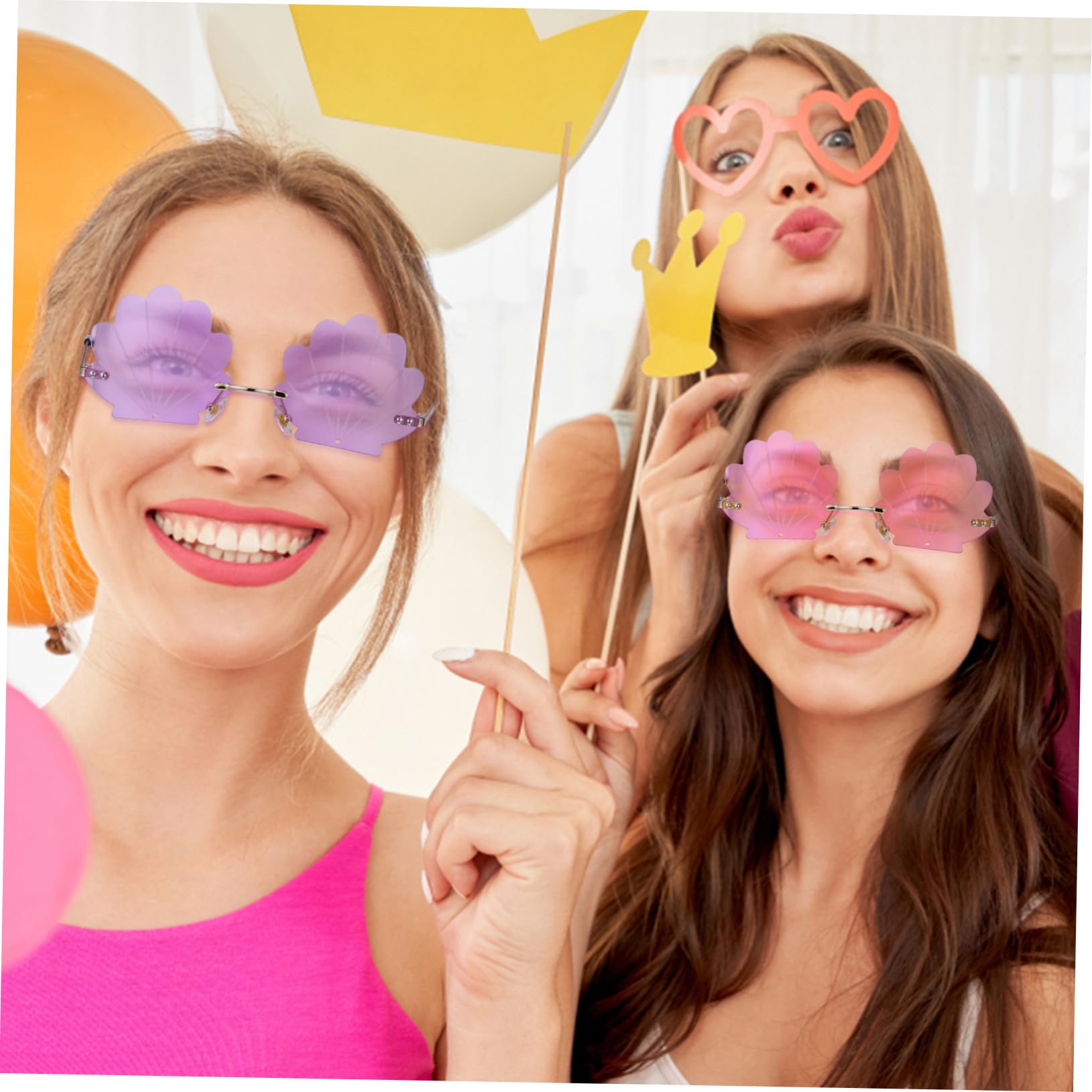 Lot De 2 Lunettes De Soleil Photo Coquillage Sans Monture Métal Et Polycarbonate, Verres Rose Et Violet, Accessoires Fête Pour Femmes, Format 13,9 x 13,8 Cm, Style