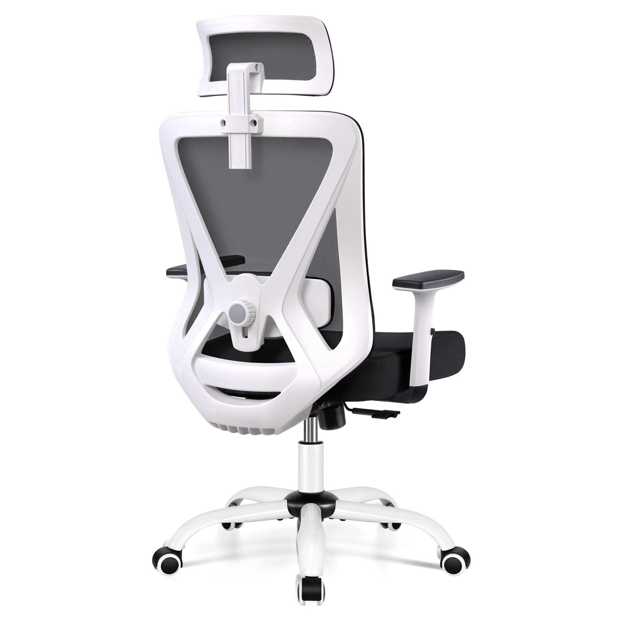 KERDOM Silla de Oficina,Silla Escritorio Ergonomica con Reposacabezas Ajustable y Soporte Lumbar, Reposabrazos, Malla Transpirable, Ruedas Giratorias 360°Blanco