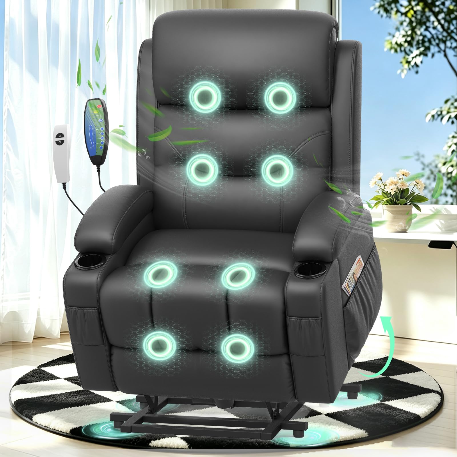 Srfzluxy Lift Chair For the Elderly,Recliner Armchair with Massage and Heat Lift Assist Recliner Chair for Living Room Lounge Sofa 2 Cup Holders & 4 Storage Pockets USB + Type-C Charging Port