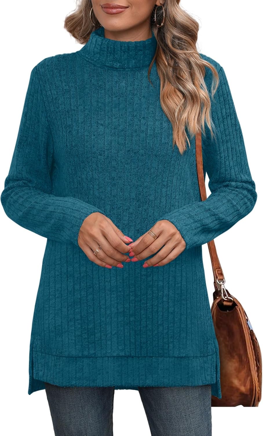 WIHOLL Womens Tunic Tops Turtleneck Long Sleeve Shirts Oversized Fall Sweaters Side Split High Low Hemline - Image 3