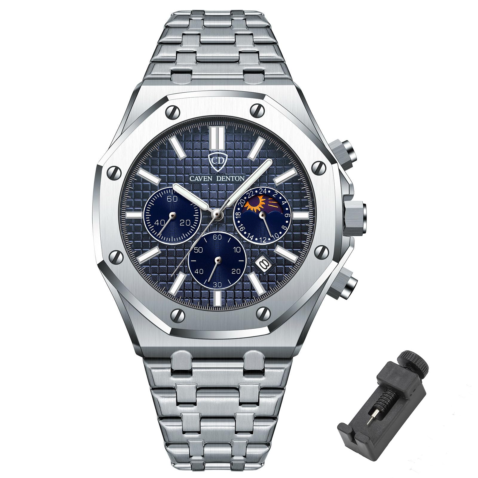 Orologio da uomo di lusso, ottagonale, classico, da lavoro, con datario, impermeabile, analogico, al quarzo, cinturino in acciaio inox, strumento di regolazione incluso